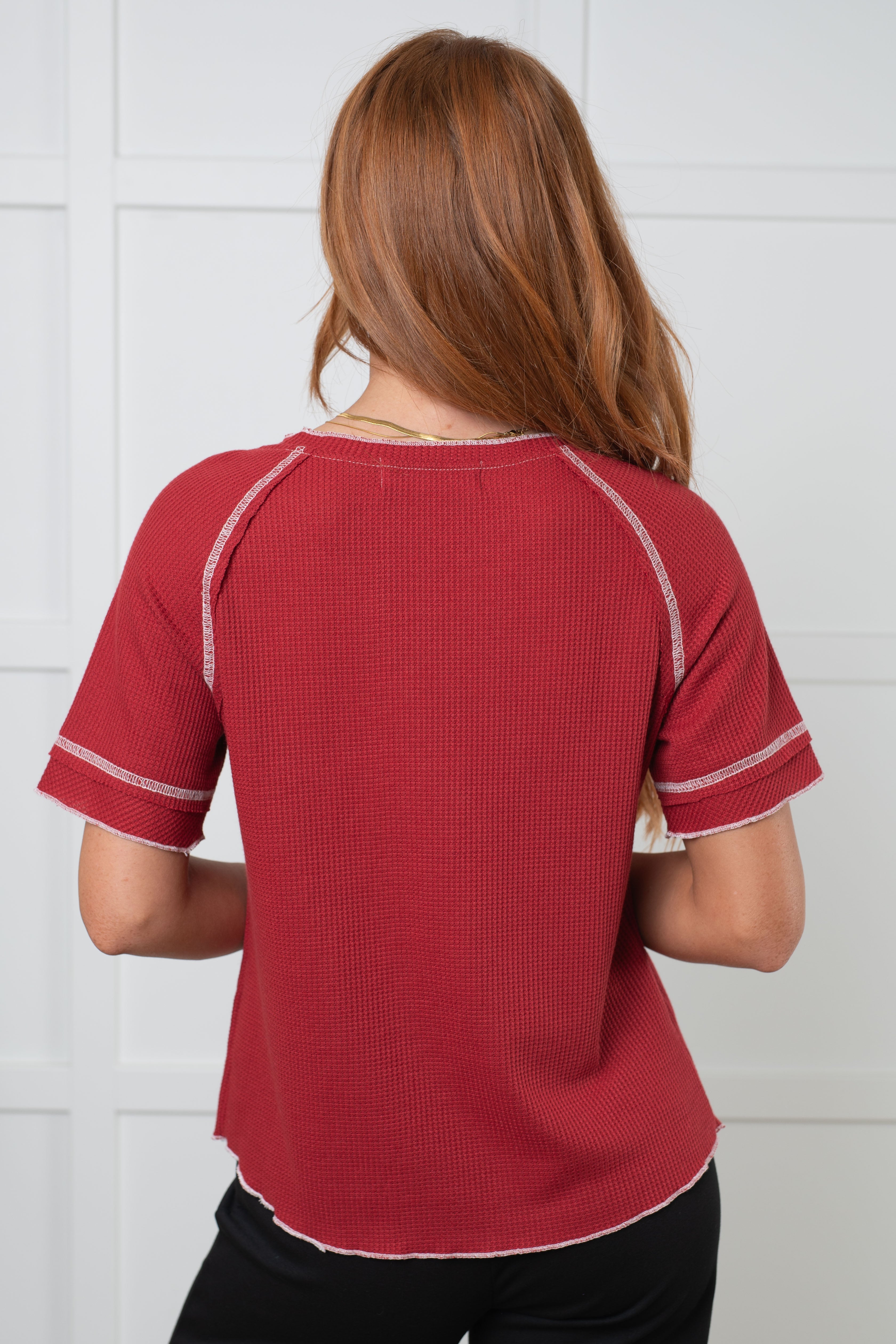 Heartbreaker Waffle Knit Tee in Cranberry    Tops Ave Shops- Tilden Co.