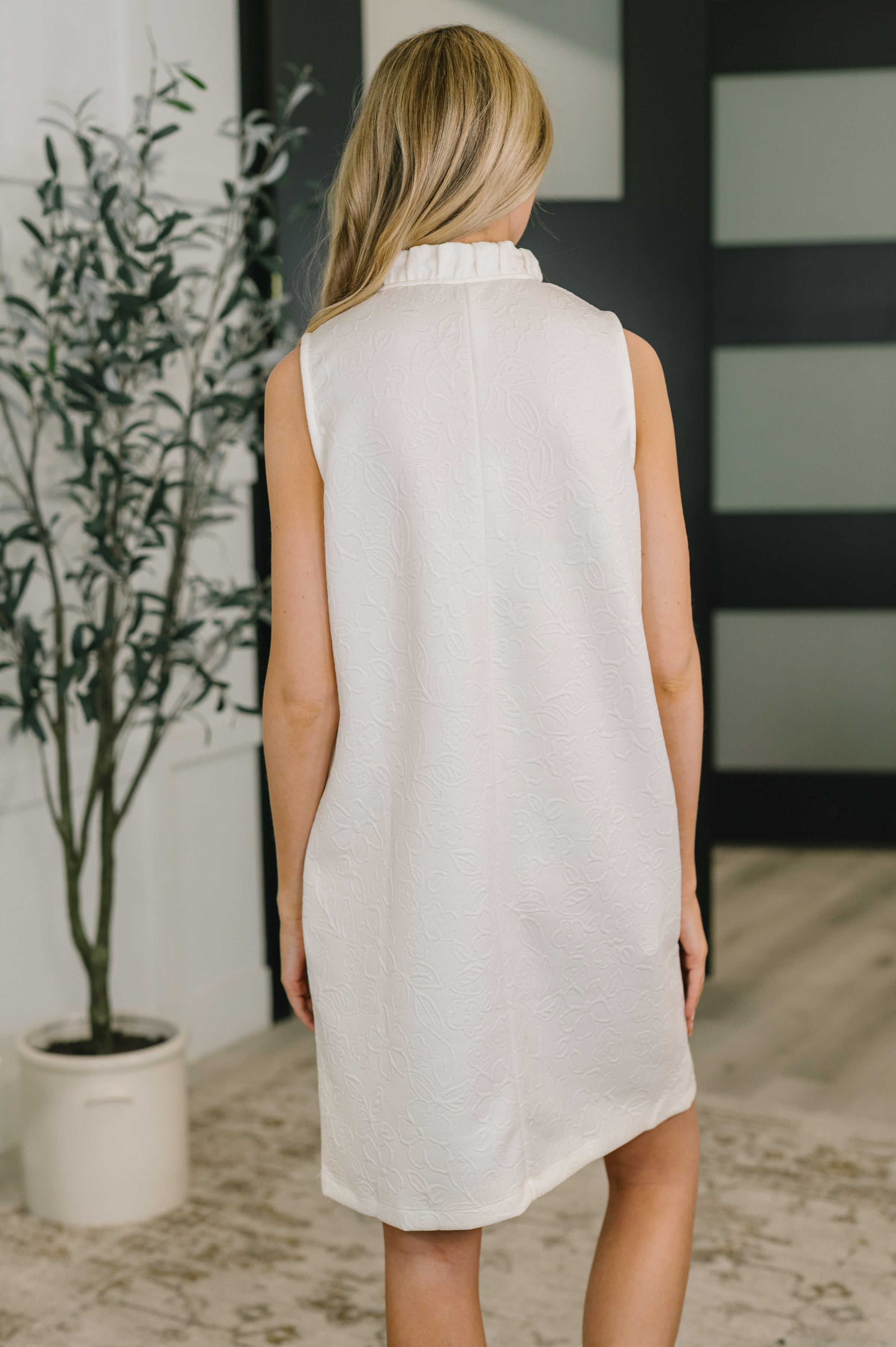 High Tide High Neck Embossed Sleeveless Dress in Off White Knee Length Dress Ave Shops- Tilden Co.