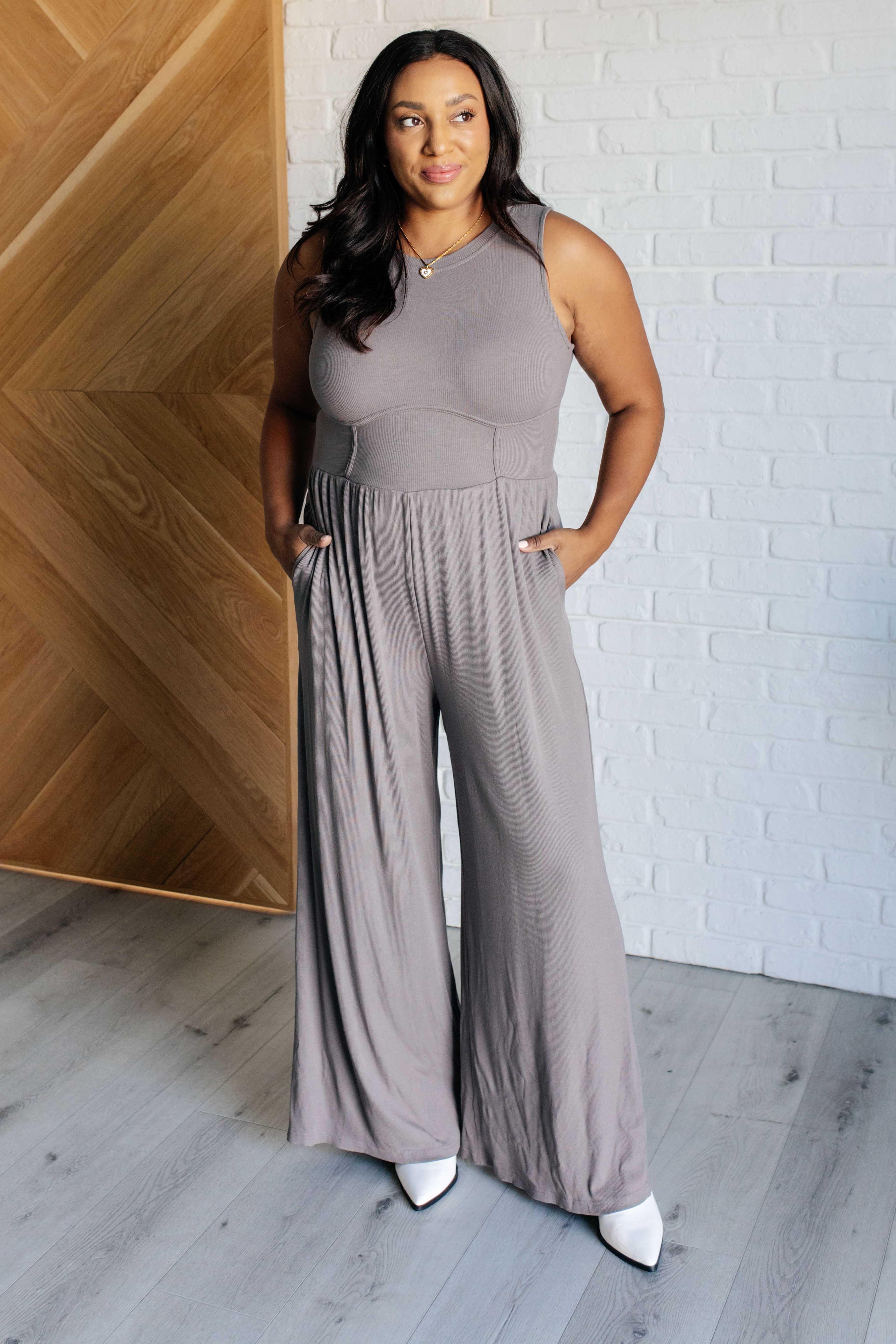 Hilary Wide Leg Jumpsuit in Grey Jumpsuit Ave Shops- Tilden Co.