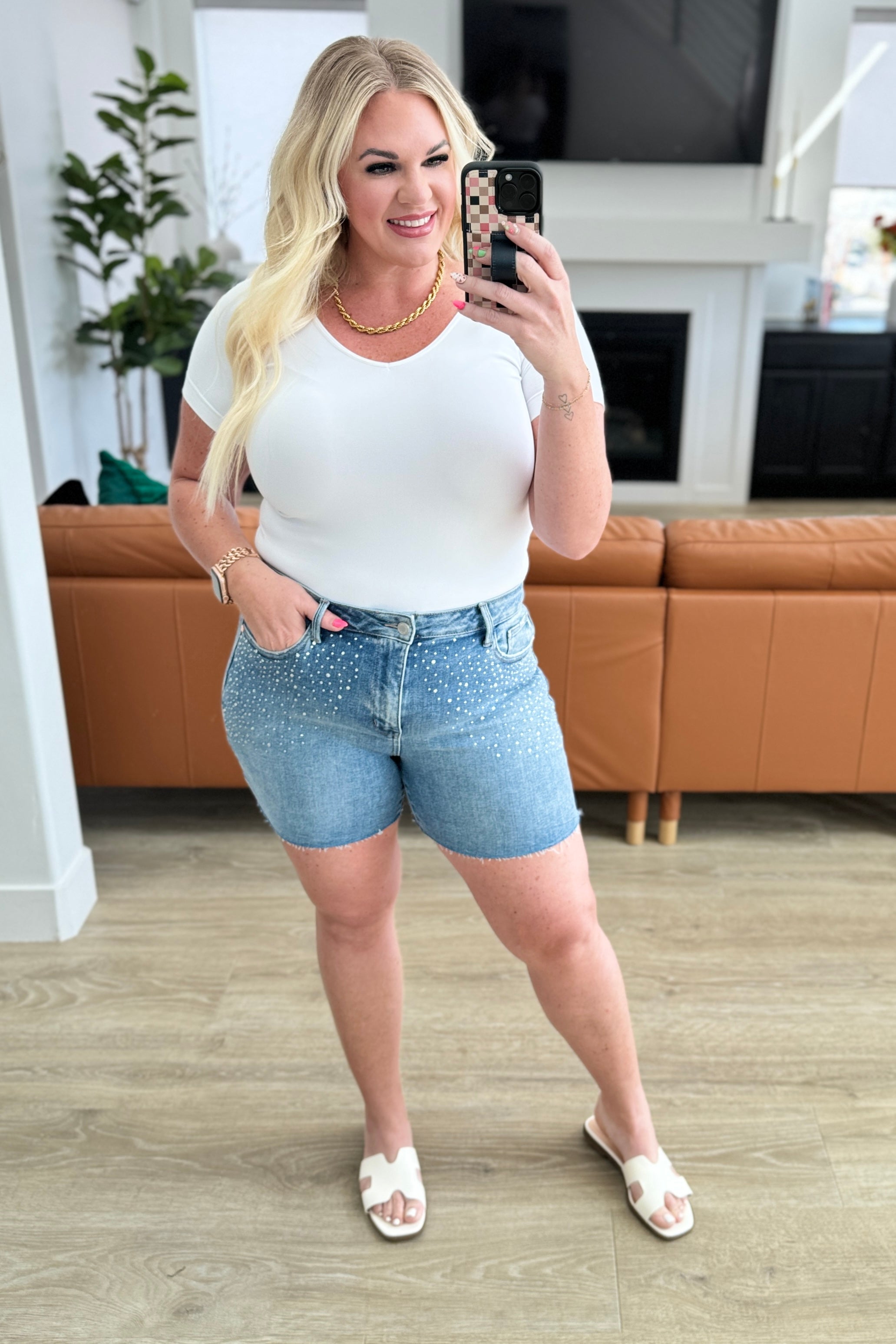 Elle High Rise Rhinestone Cutoff Shorts Denim Ave Shops- Tilden Co.