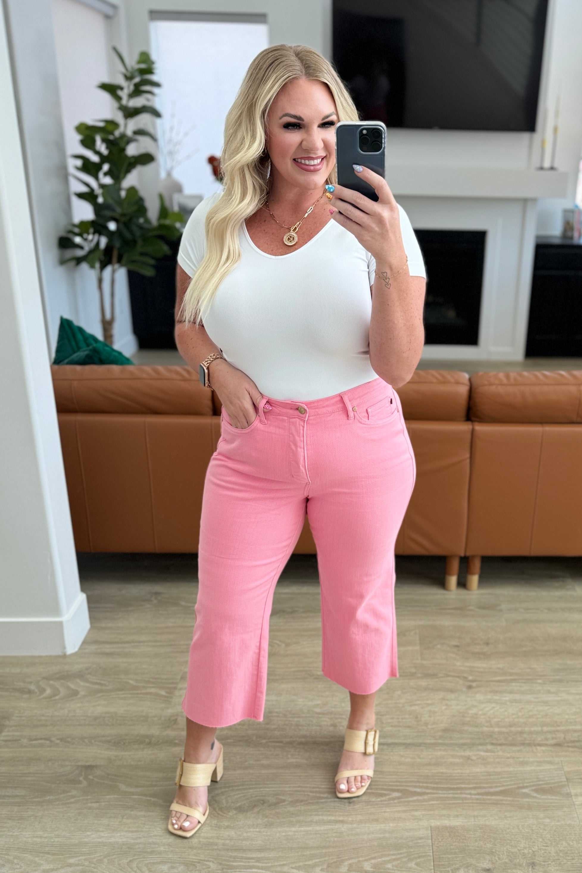 Lisa High Rise Control Top Wide Leg Crop Jeans in Pink    Denim Ave Shops- Tilden Co.