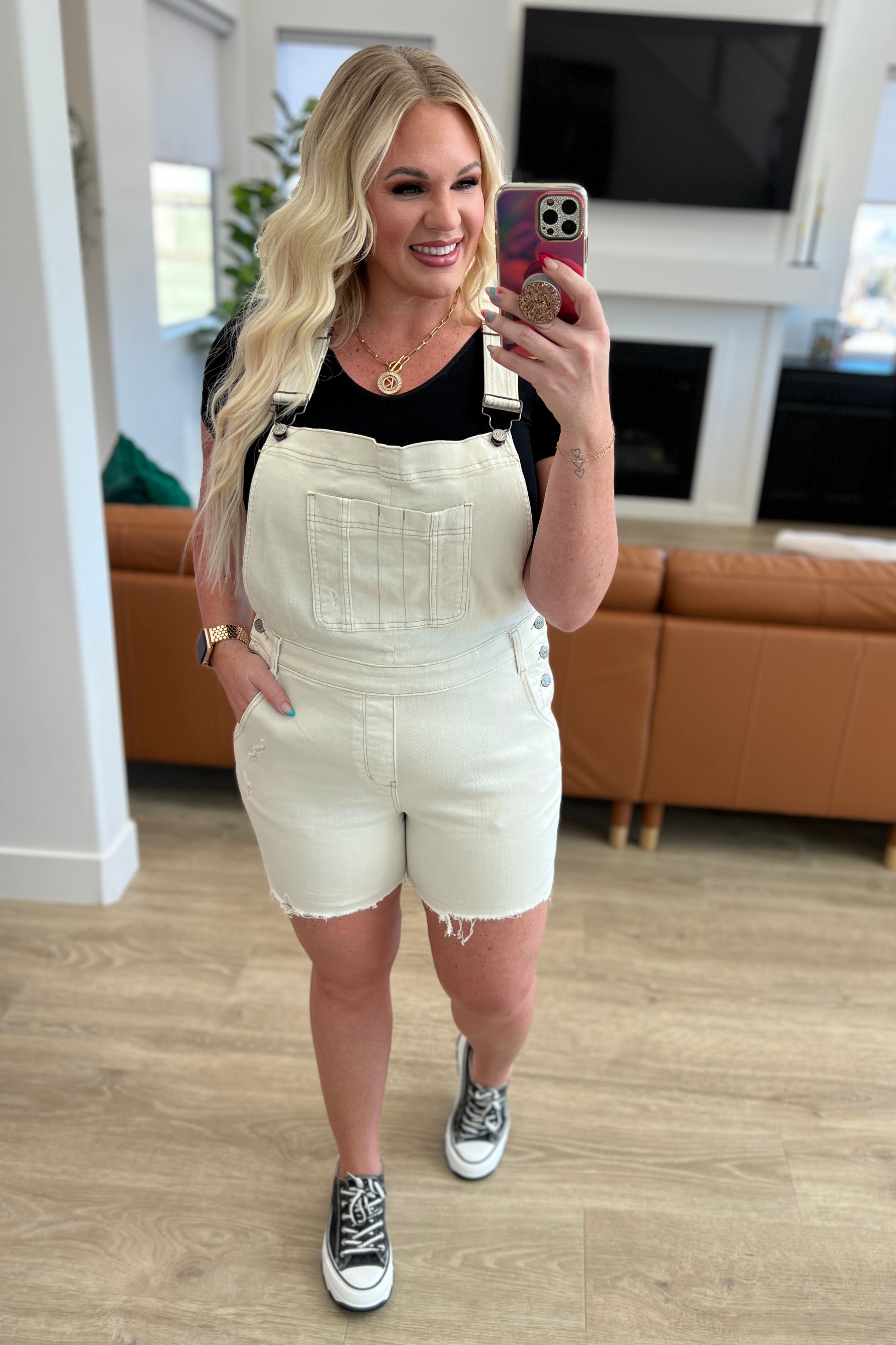 Anna High Rise Garment Dyed Cutoff Shortalls in Ecru Denim Ave Shops- Tilden Co.