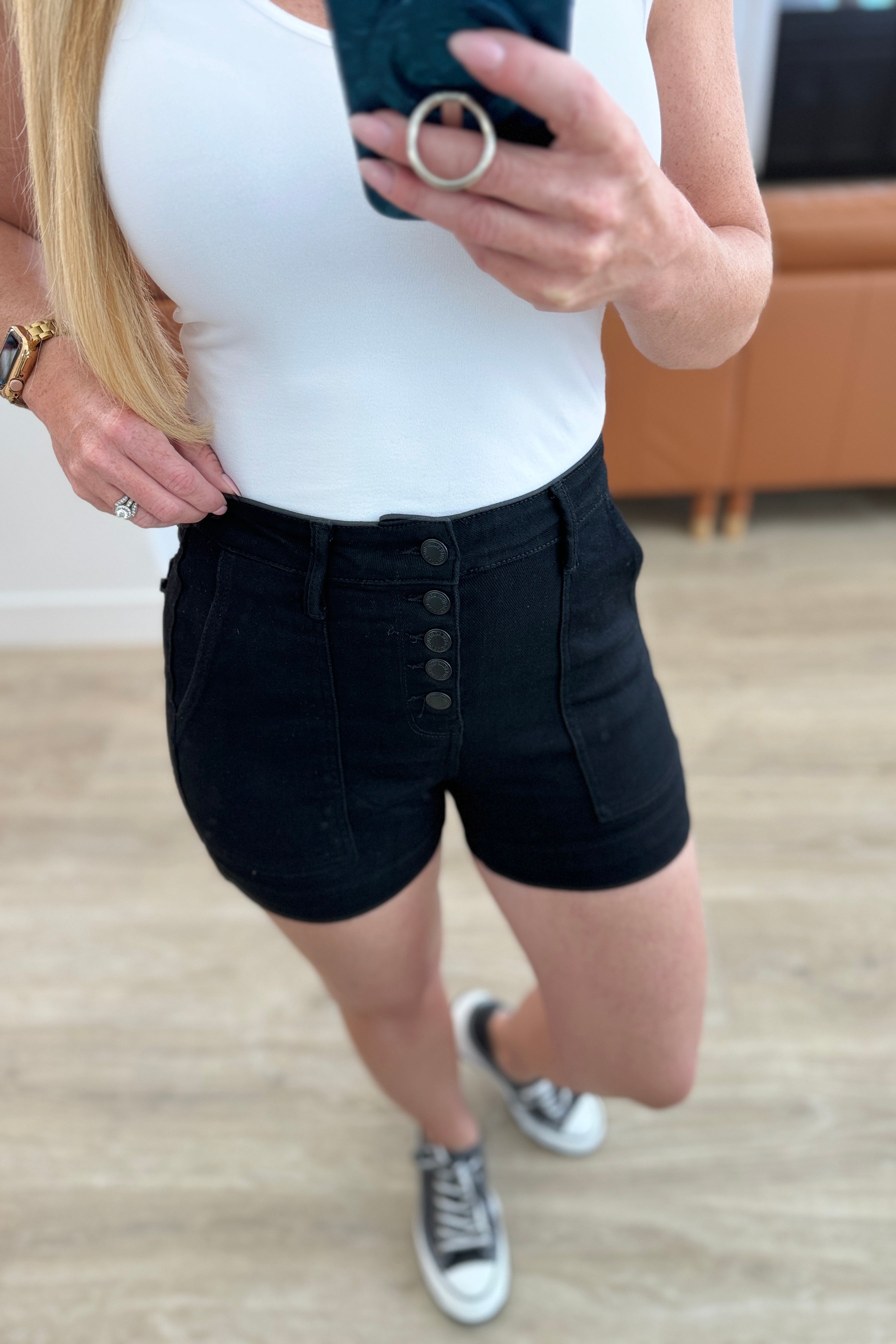 Reagan High Rise Button Fly Trouser Shorts Denim Ave Shops- Tilden Co.