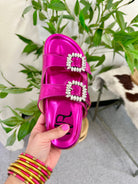 Stellar Rhinestone Buckle Slides in Fuschia 130 Sandals Naughty Monkey- Tilden Co.