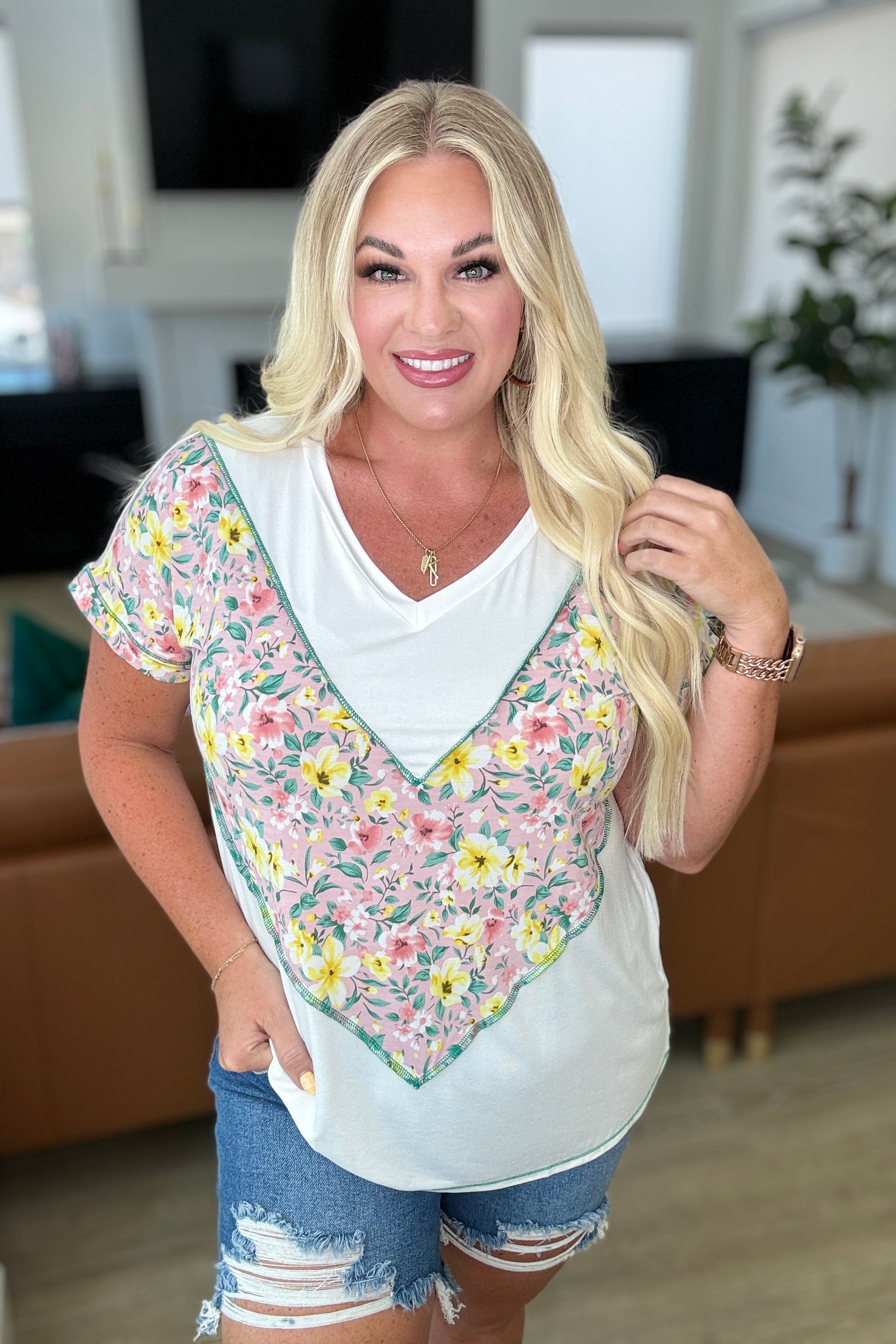 To Rock a Rhyme Color Block Top in Pink Floral    Tops Ave Shops- Tilden Co.