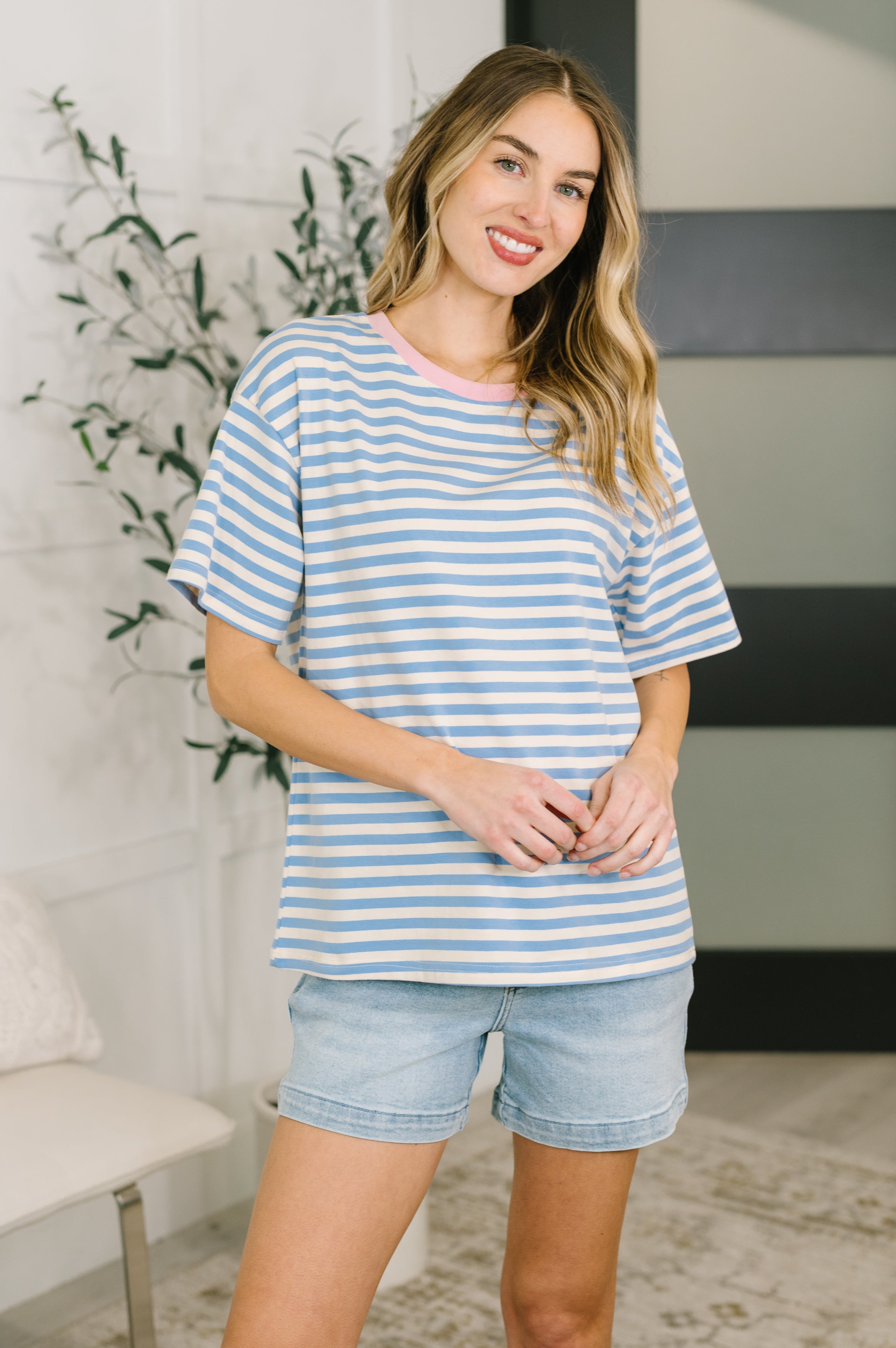 I Think I'm in Love Round Neck Loose Tee in Blue and Pink T-Shirt Ave Shops- Tilden Co.