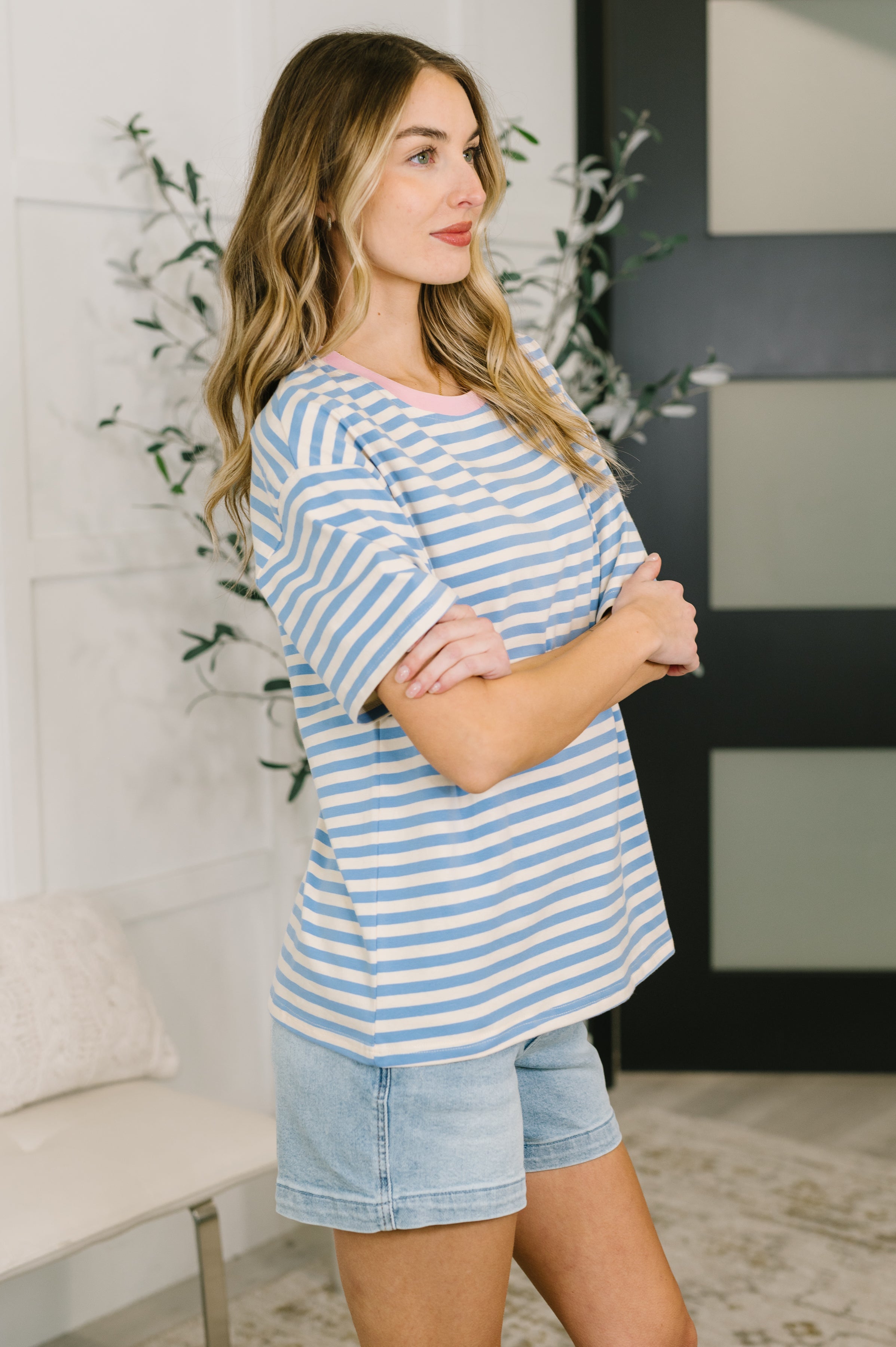 I Think I'm in Love Round Neck Loose Tee in Blue and Pink T-Shirt Ave Shops- Tilden Co.