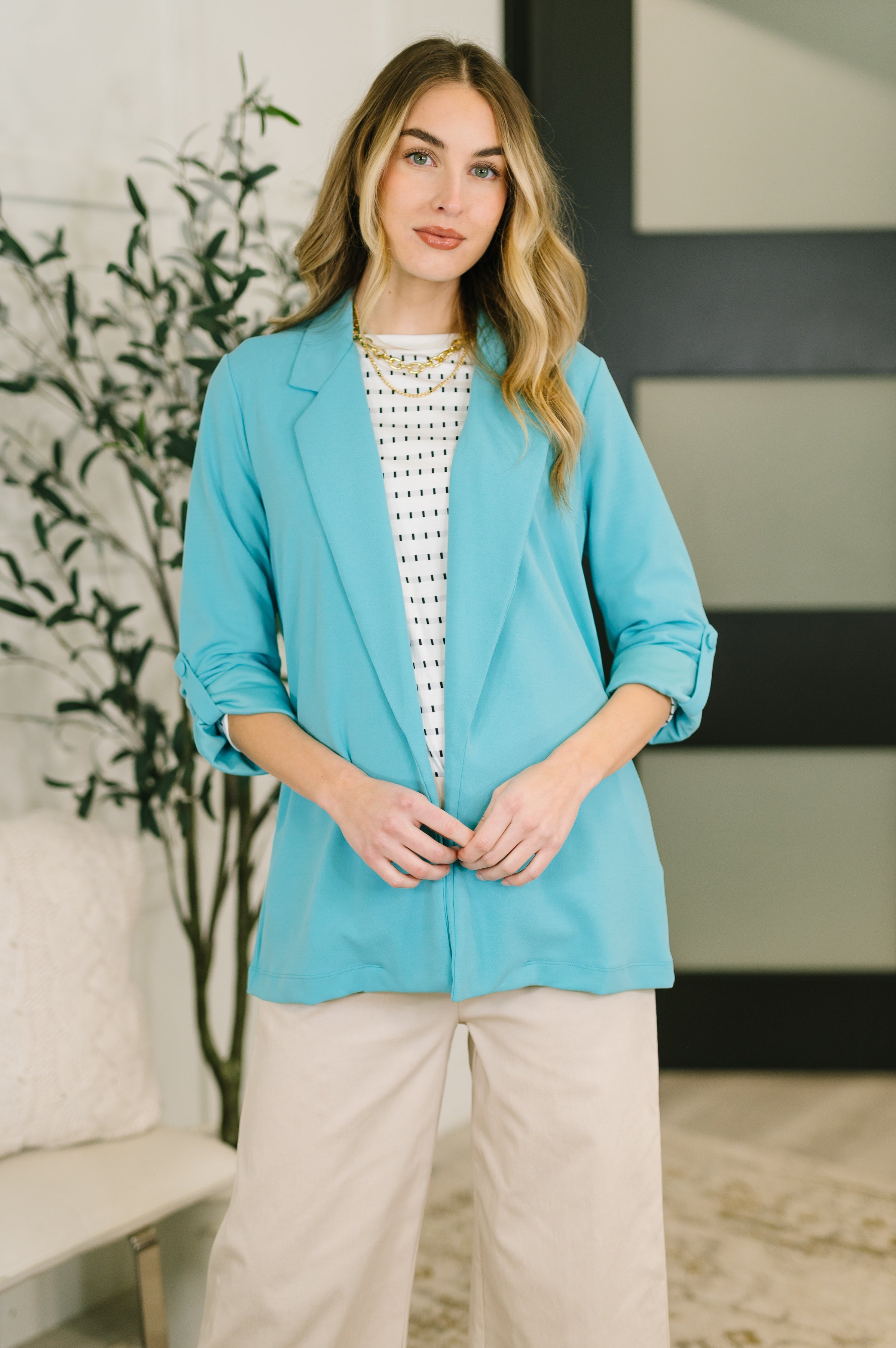 I'm Really That Gal Open Front Blazer in Aqua Cardigan Ave Shops- Tilden Co.