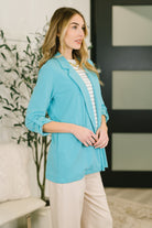 I'm Really That Gal Open Front Blazer in Aqua Cardigan Ave Shops- Tilden Co.