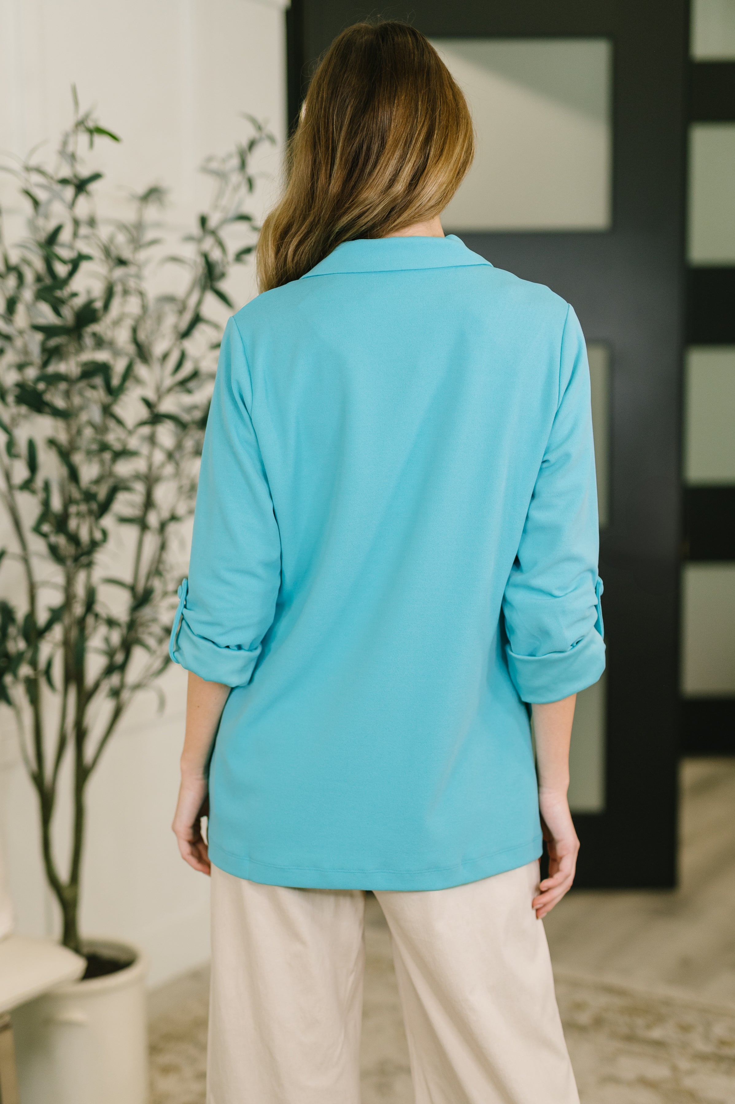 I'm Really That Gal Open Front Blazer in Aqua Cardigan Ave Shops- Tilden Co.