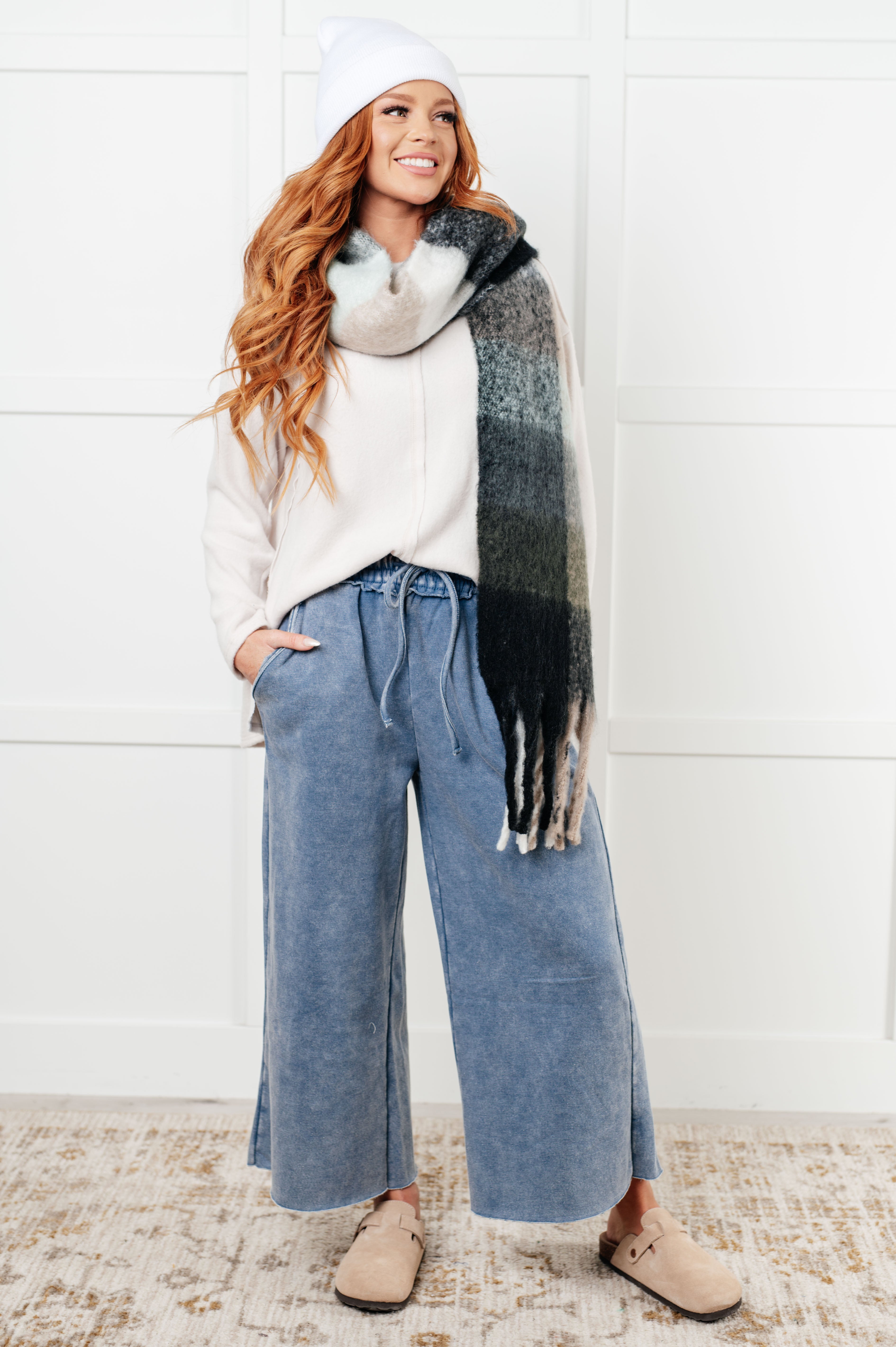 Wanderlust Wrap Oversized Plaid Fringe Scarf in Grey and Jade Accessories Ave Shops- Tilden Co.