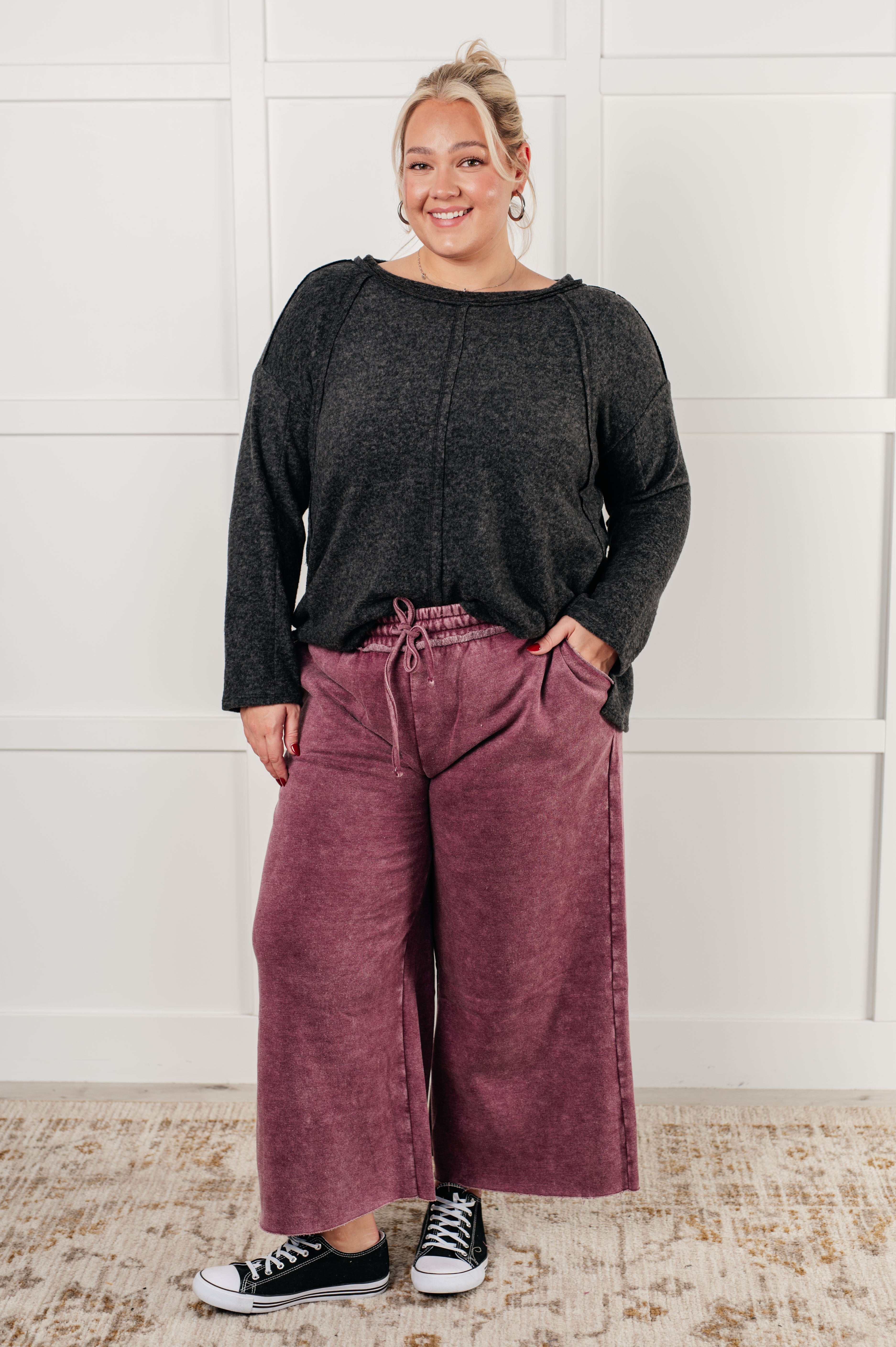 In or Out Wide Leg Cropped Pants in Eggplant Athleisure Ave Shops- Tilden Co.