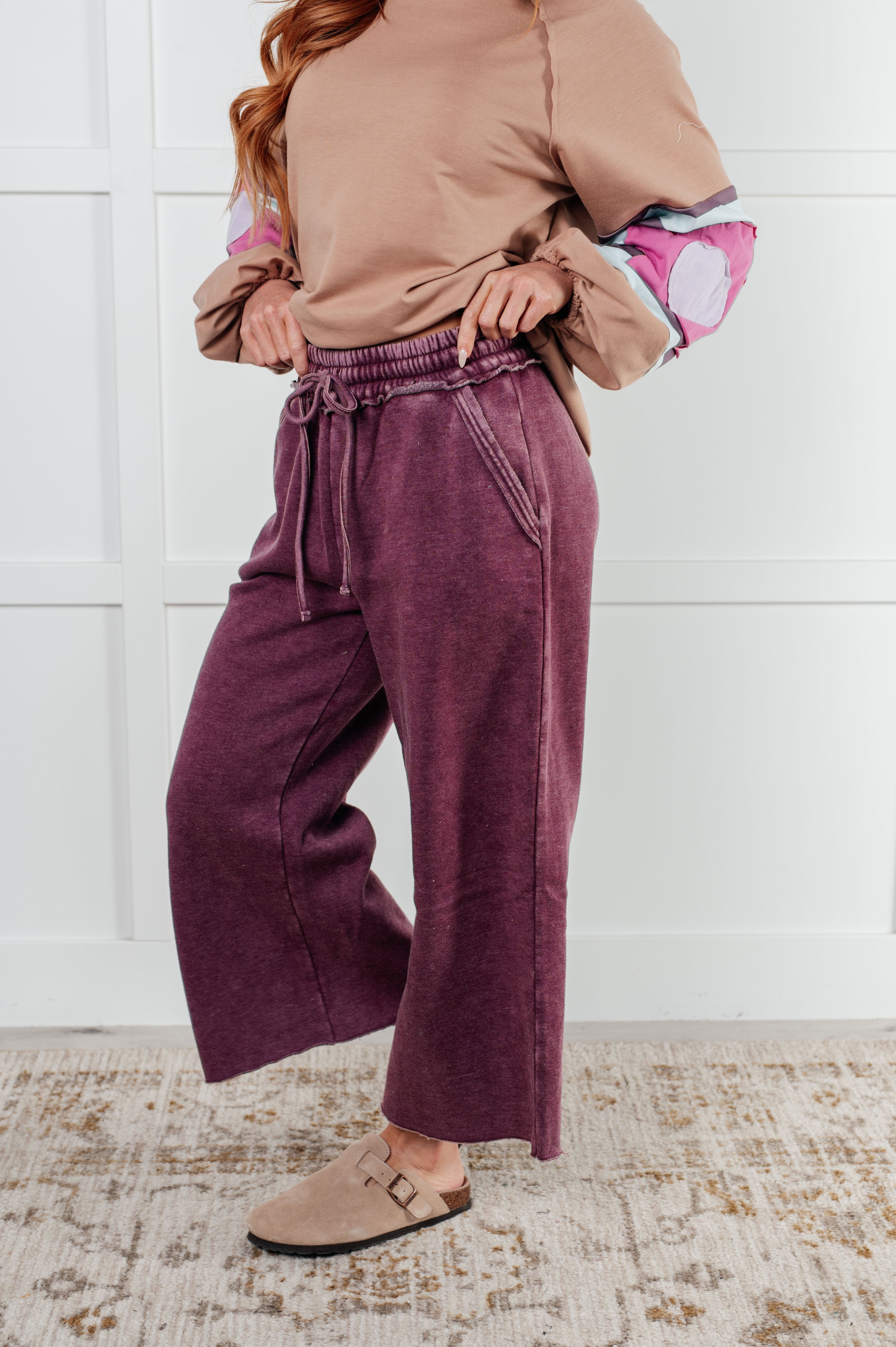 In or Out Wide Leg Cropped Pants in Eggplant Athleisure Ave Shops- Tilden Co.