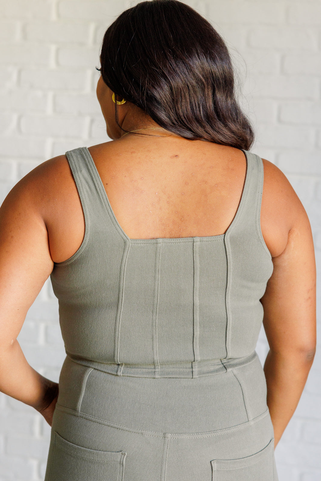 It's All About the Balance Twill Square Neck Crop Top in Dusty Olive    Tops Ave Shops- Tilden Co.