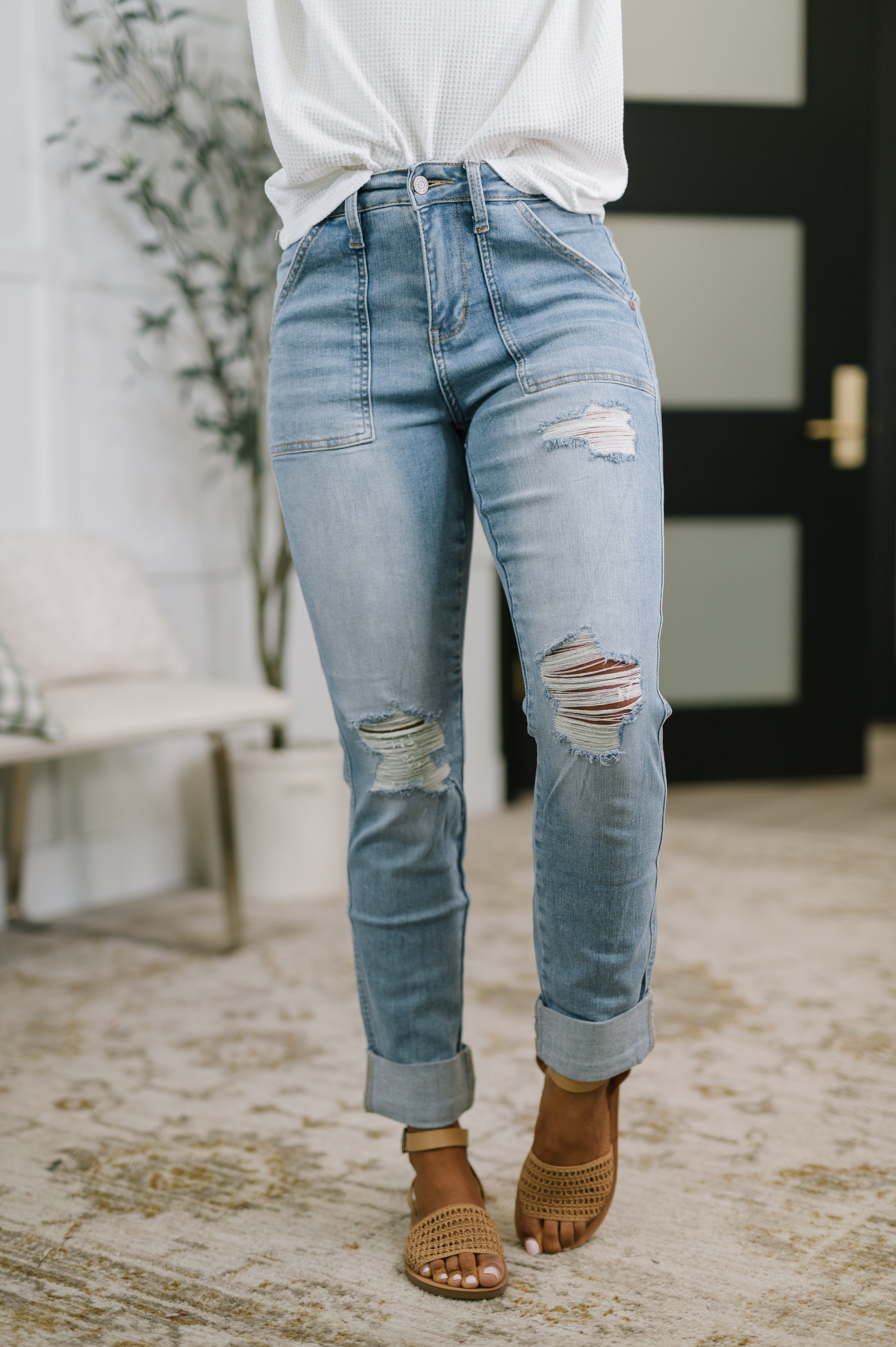 Aiden High Rise Patch Pocket Distressed Boyfriend Jeans Denim Ave Shops- Tilden Co.