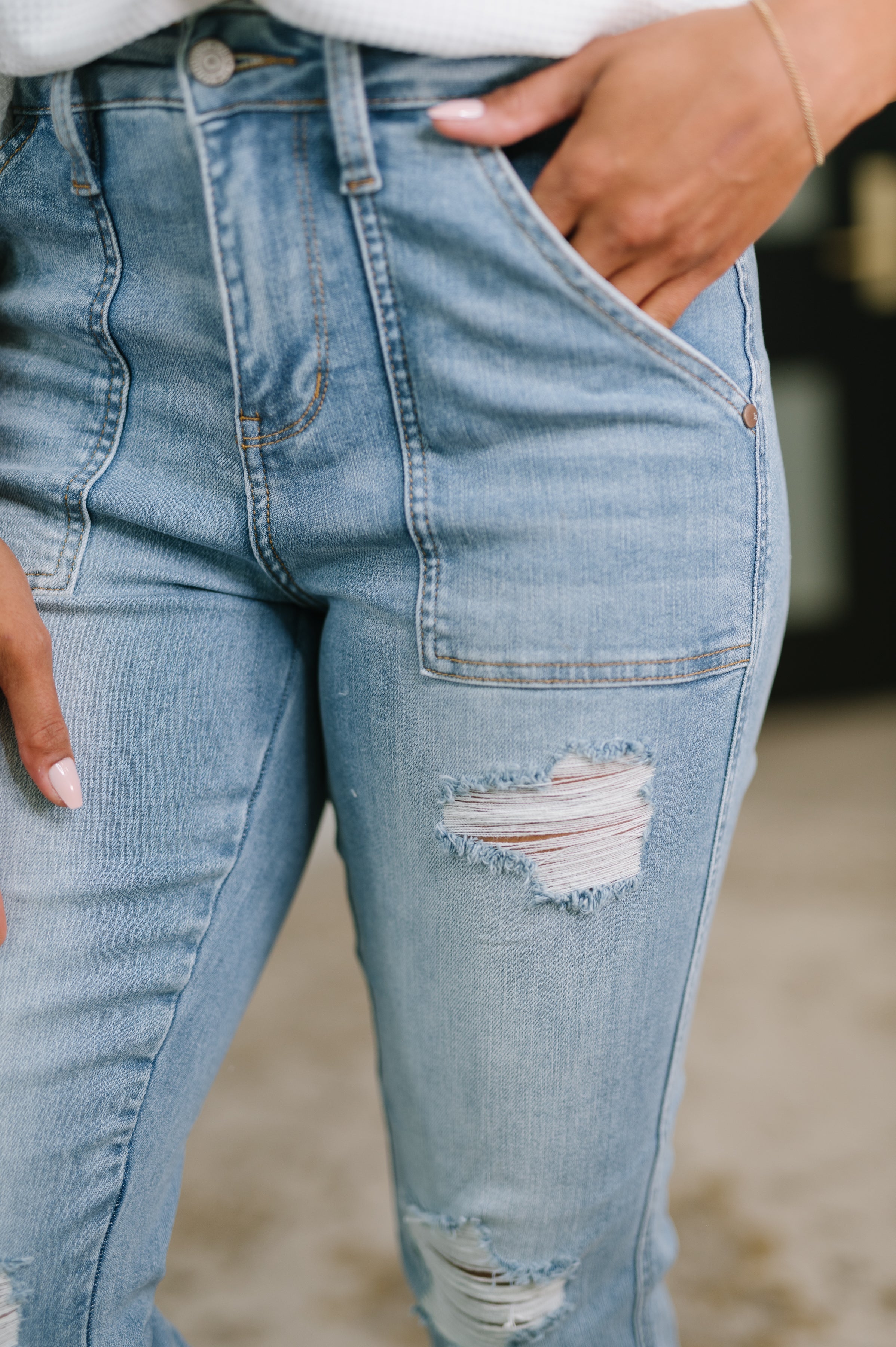Aiden High Rise Patch Pocket Distressed Boyfriend Jeans Denim Ave Shops- Tilden Co.