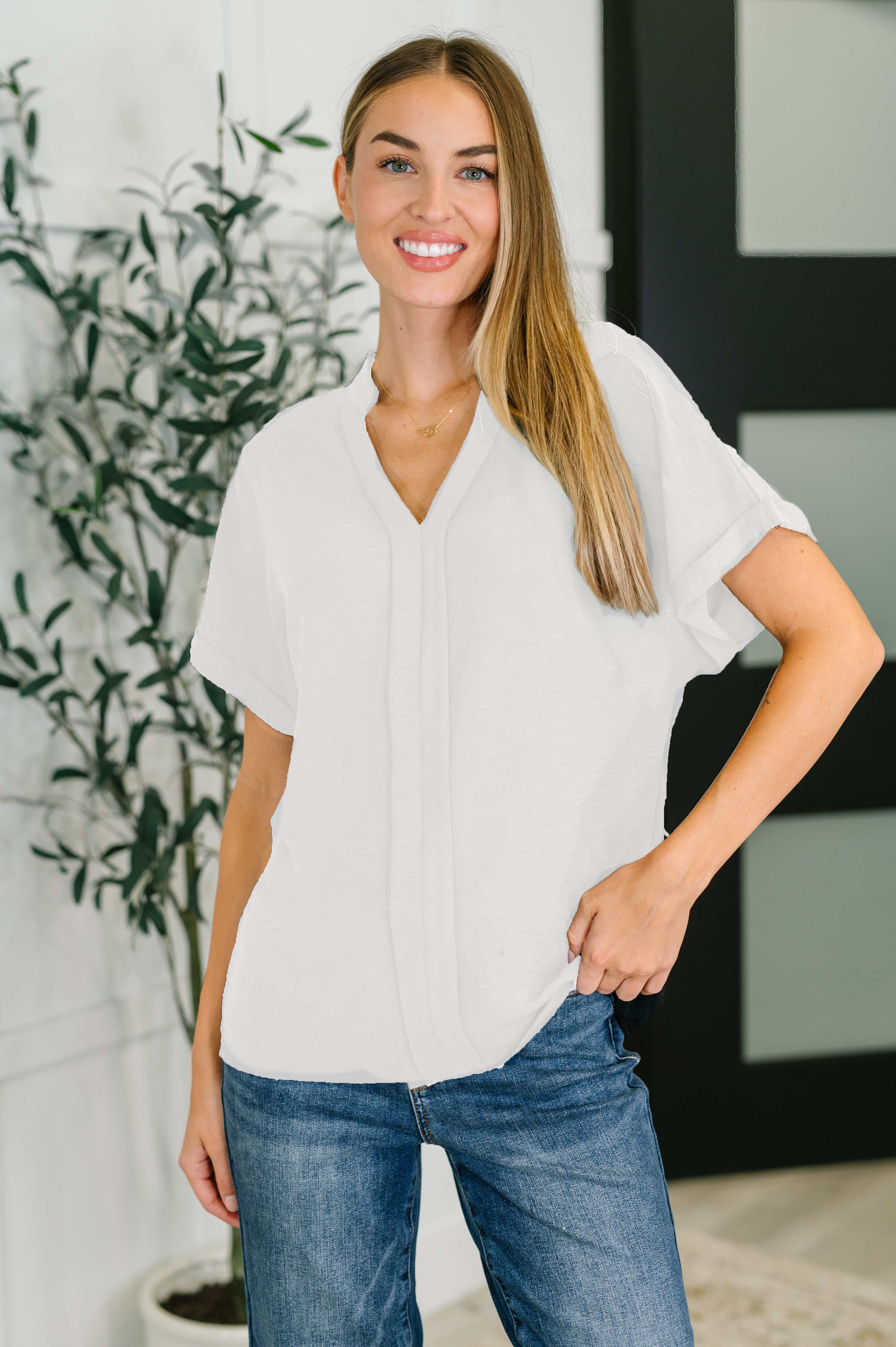 PREORDER: Crinkle Wove V-Neck Blouse in Four Colors Womens Ave Shops- Tilden Co.