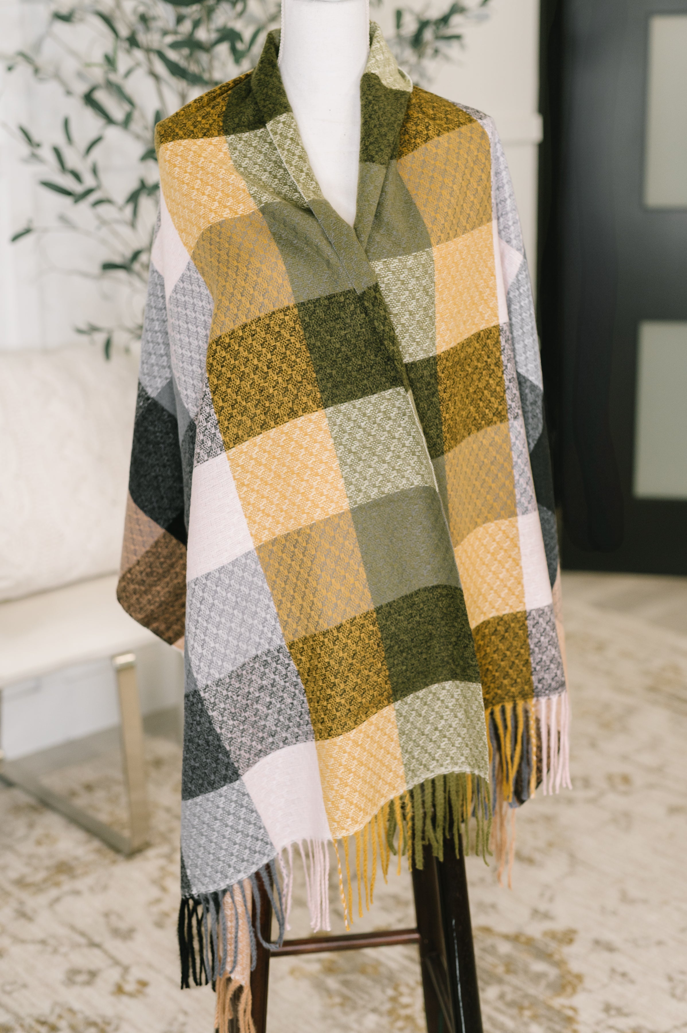 Keep Me Cozy Checkered Fringe Scarf in Woodland Shades Accessories Ave Shops- Tilden Co.