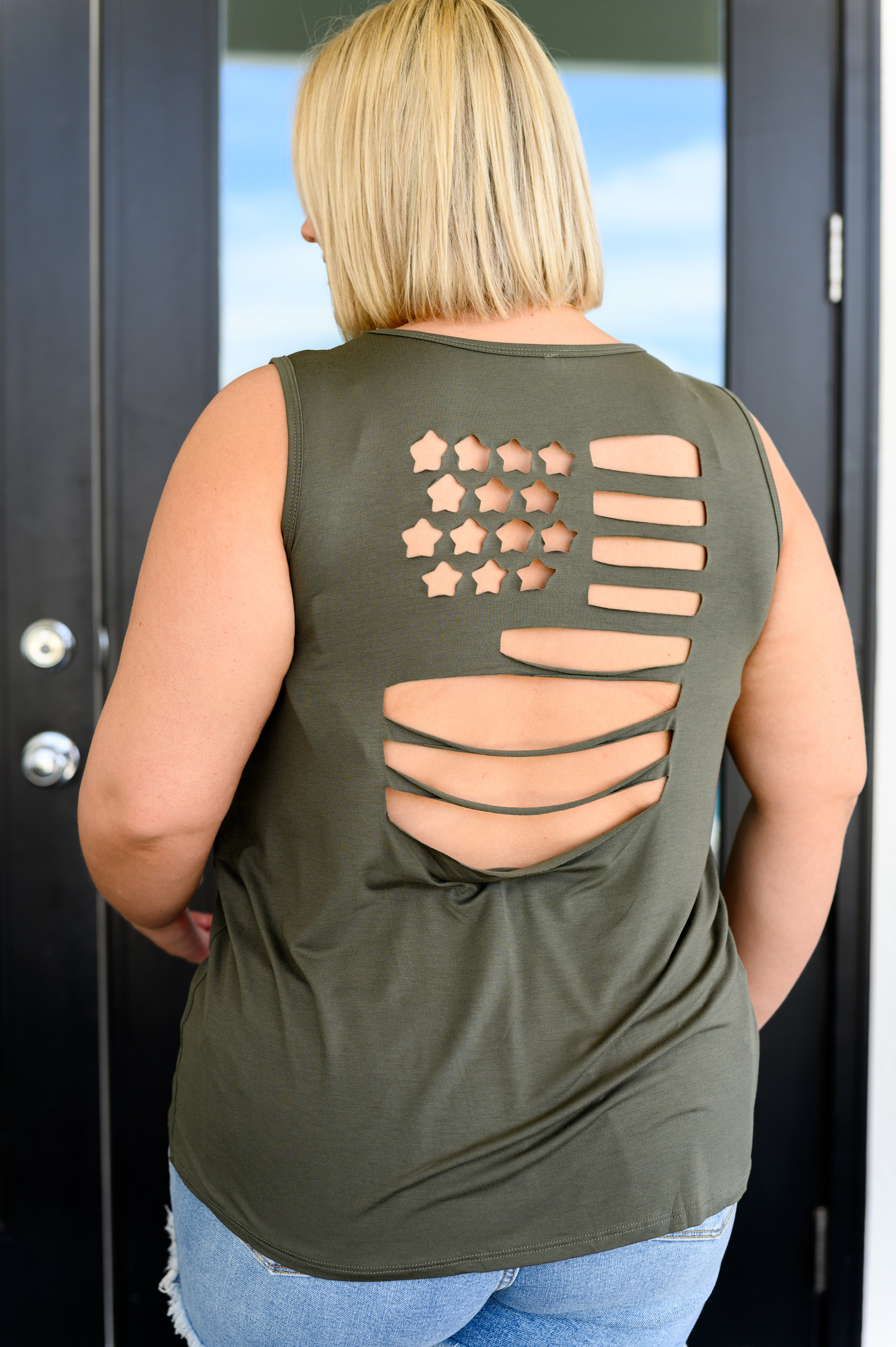 Land of the Free Tank in Olive Tops Ave Shops- Tilden Co.