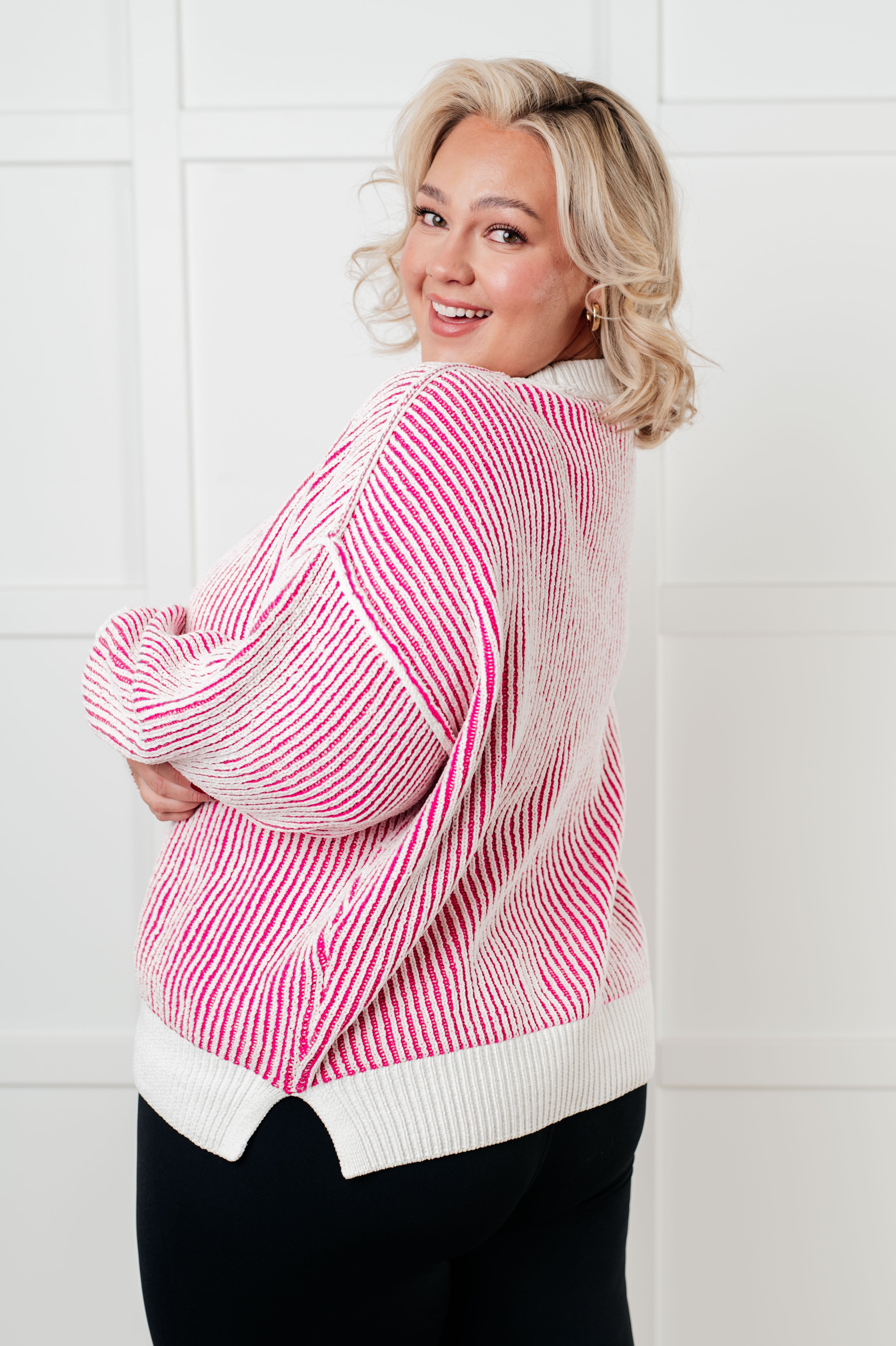 Least High Maintenance Contrast Trim Sweater in Pink Tops Ave Shops- Tilden Co.