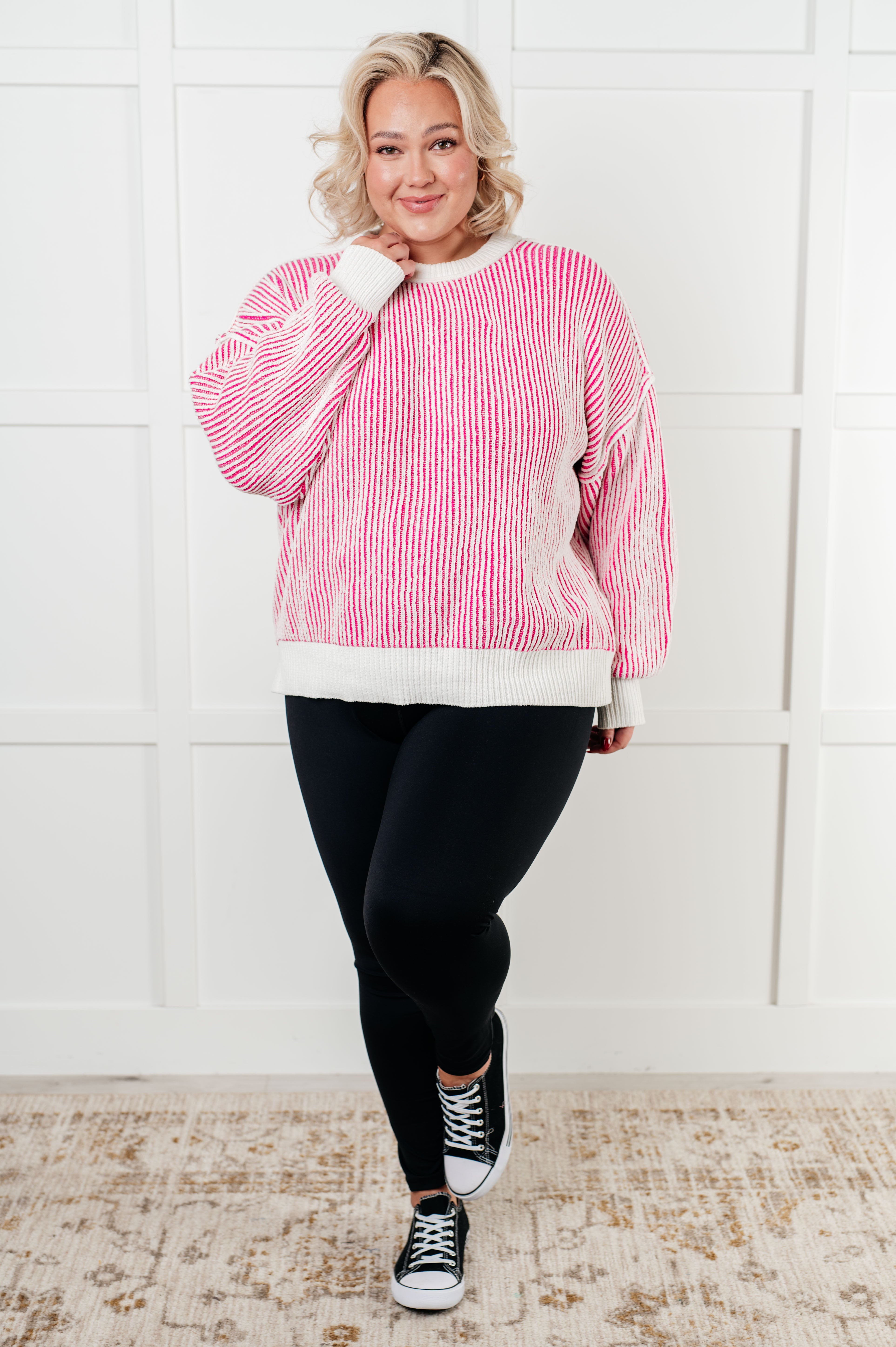 Least High Maintenance Contrast Trim Sweater in Pink Tops Ave Shops- Tilden Co.