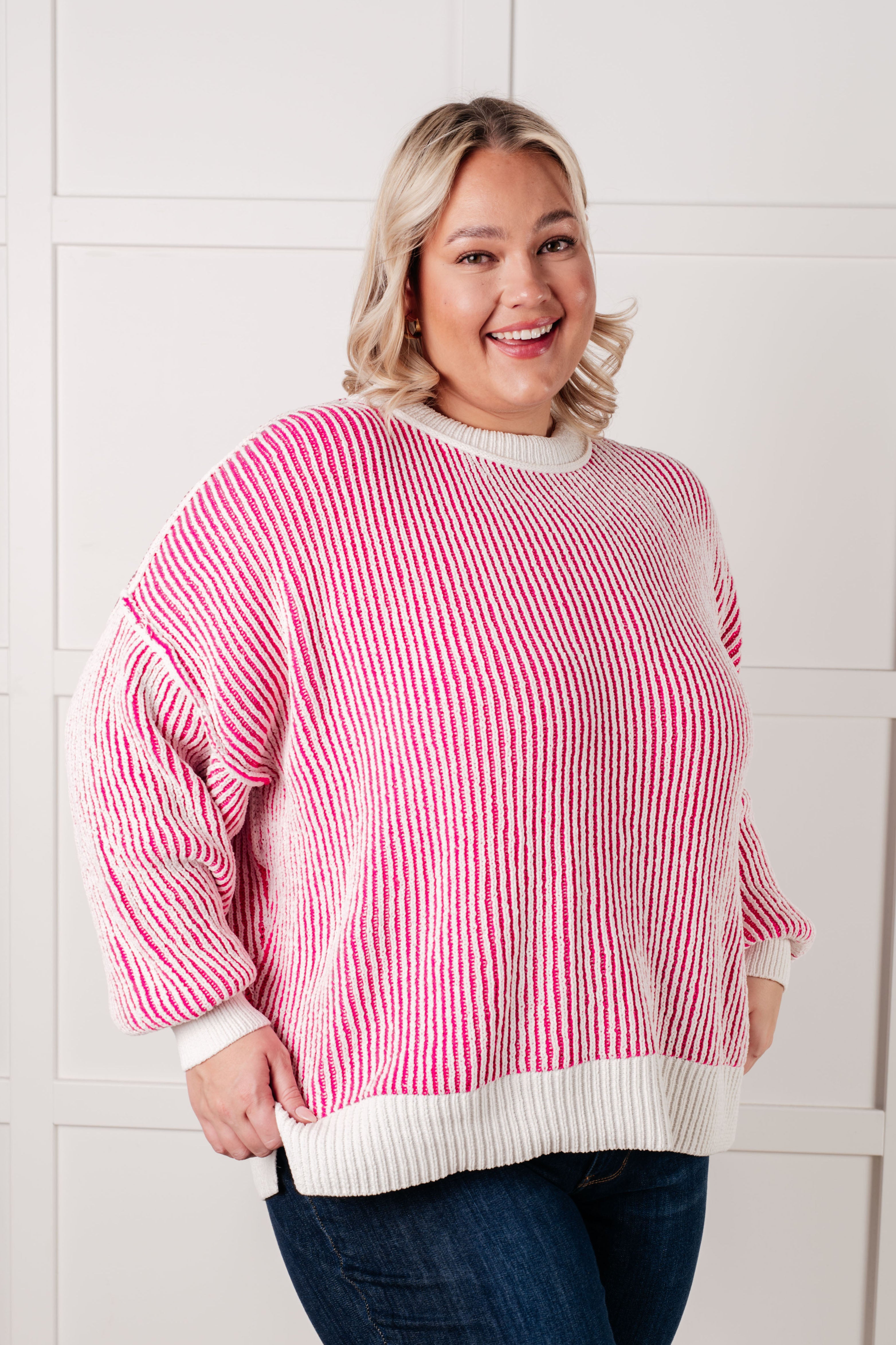 Least High Maintenance Contrast Trim Sweater in Pink Tops Ave Shops- Tilden Co.