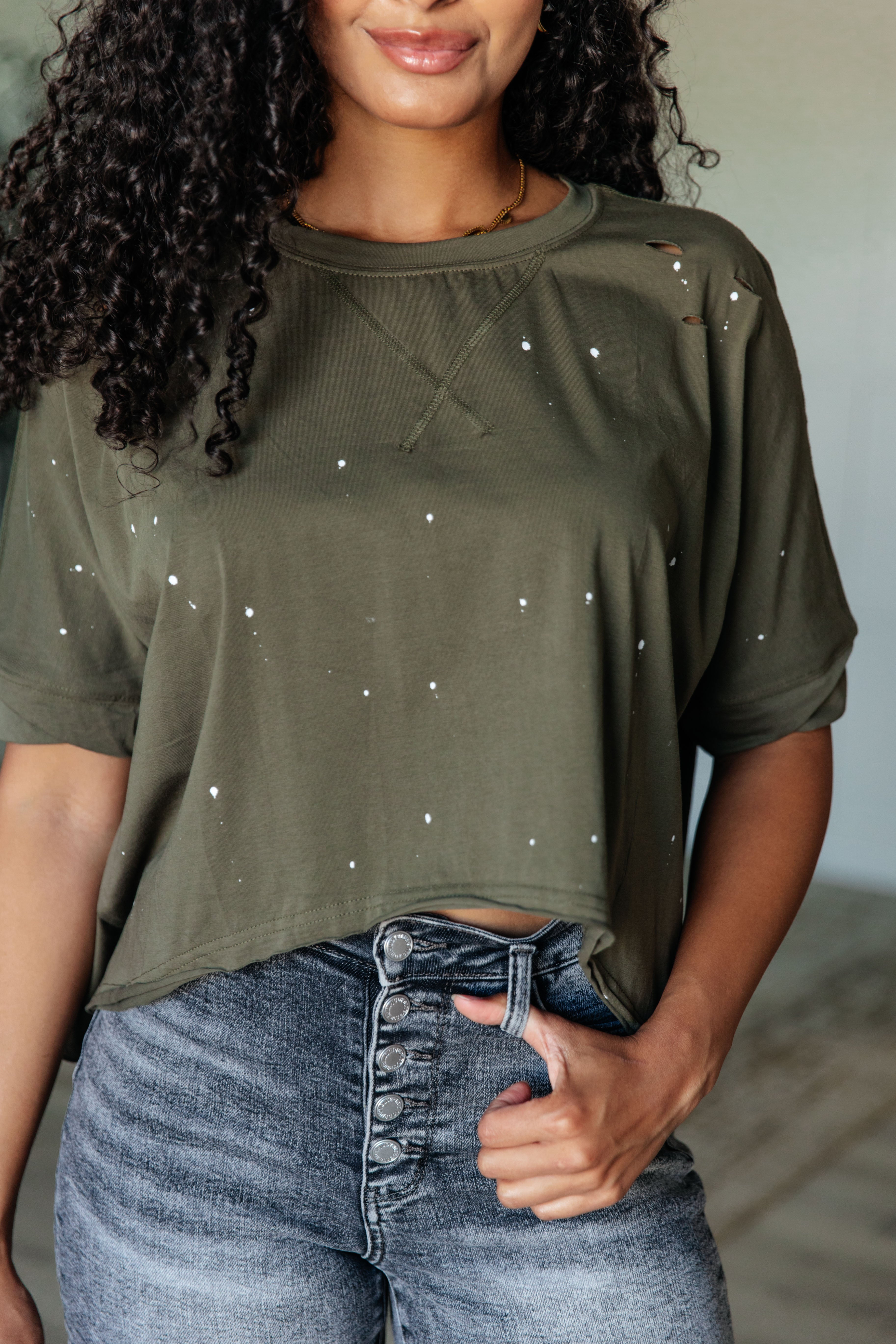 Less Than Stressed Asymmetrical Distressed Top    Tops Ave Shops- Tilden Co.