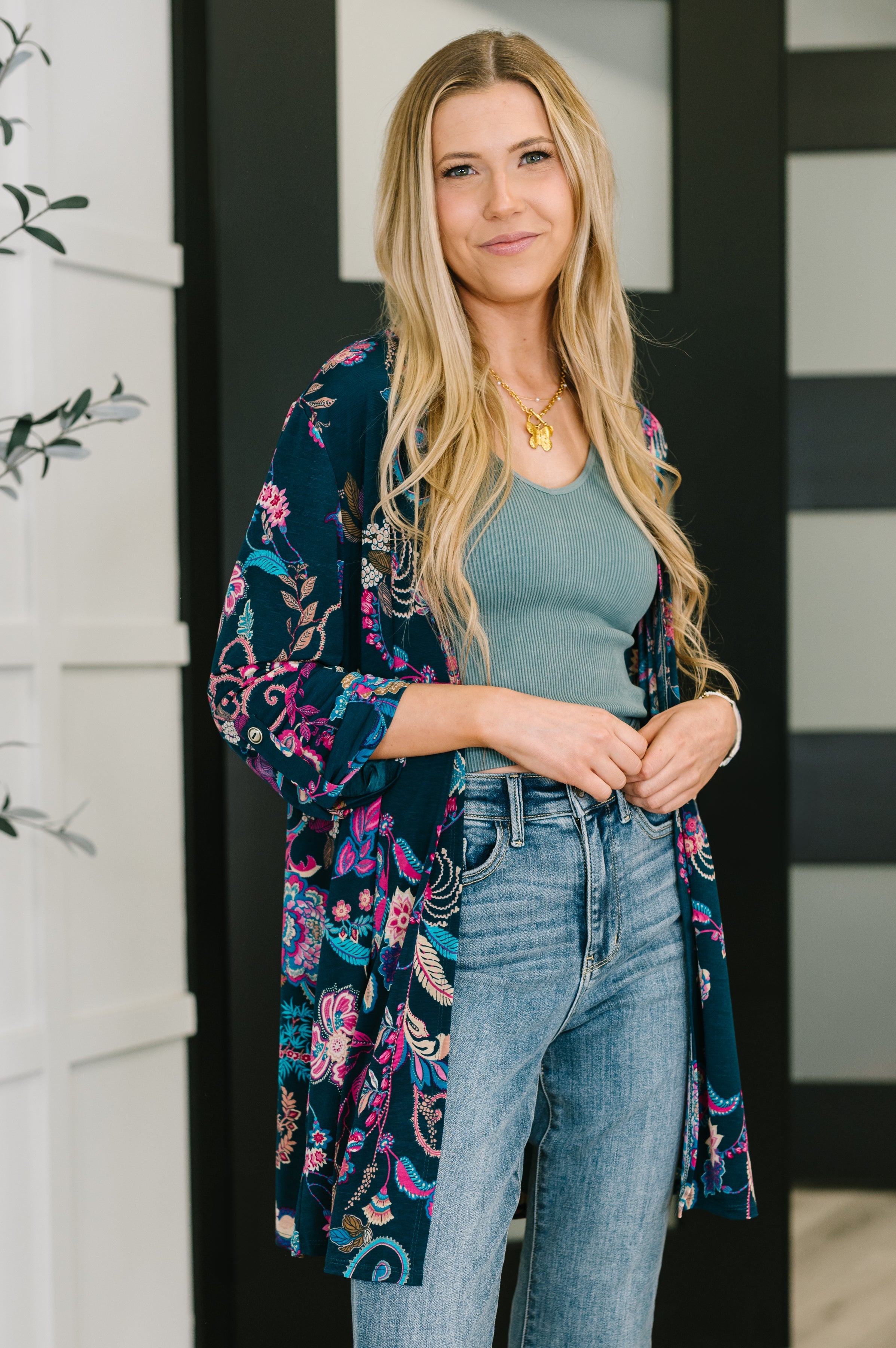 Lizzy Cardigan in Hunter Green Floral Paisley Womens Ave Shops- Tilden Co.