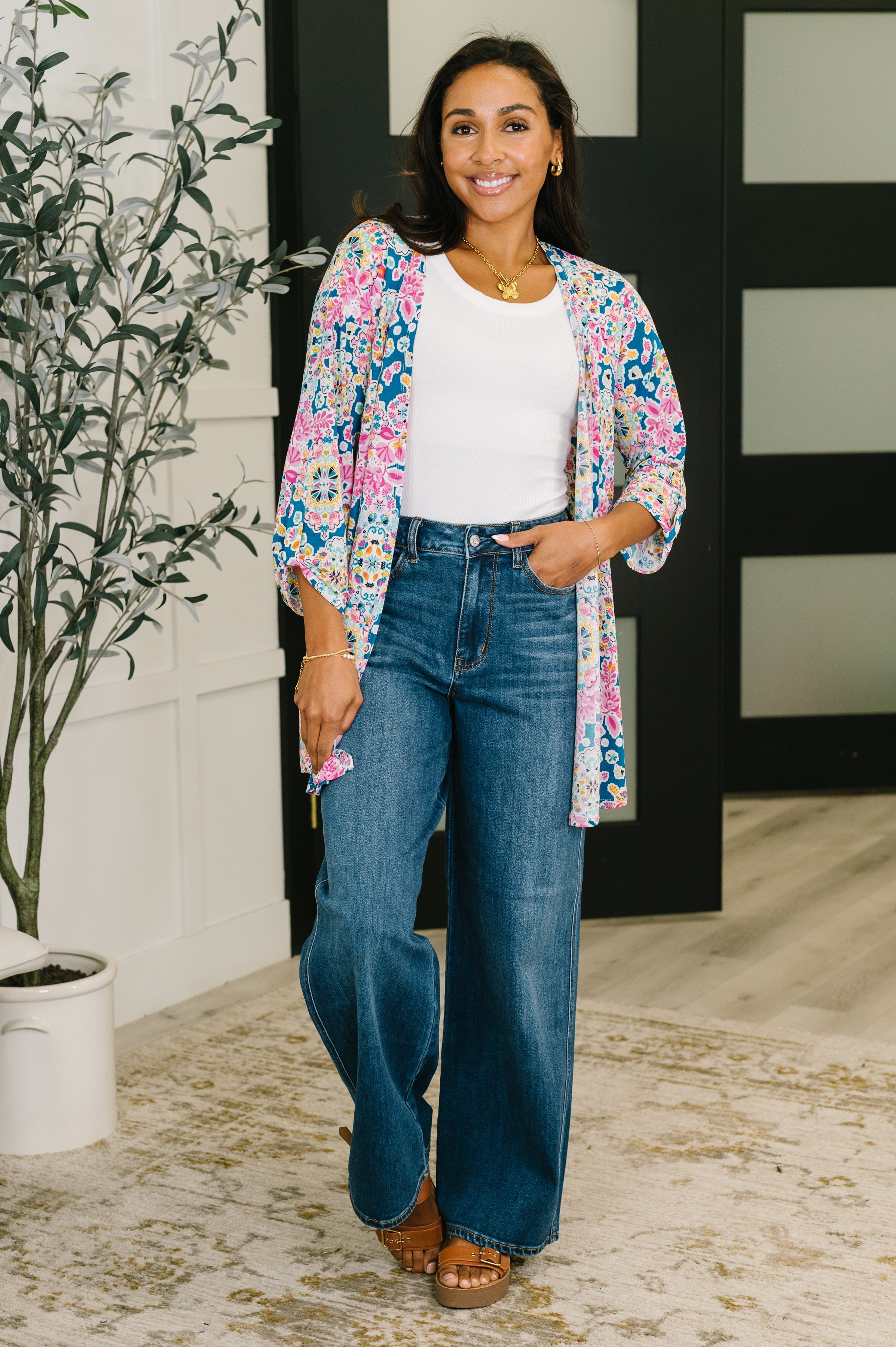 Lizzy Cardigan in Teal and Pink Floral Abstract Cardigan Ave Shops- Tilden Co.