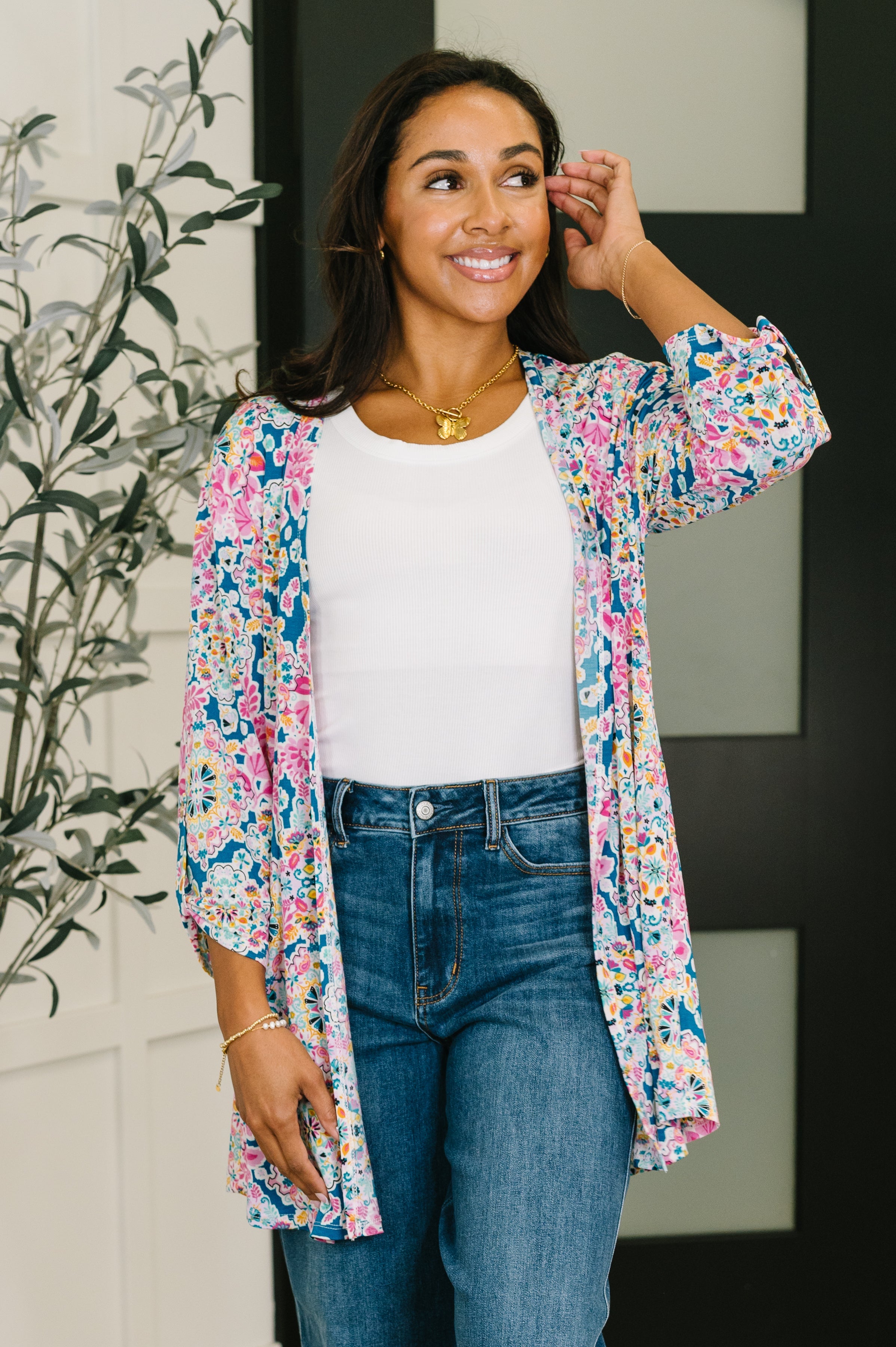 Lizzy Cardigan in Teal and Pink Floral Abstract Cardigan Ave Shops- Tilden Co.
