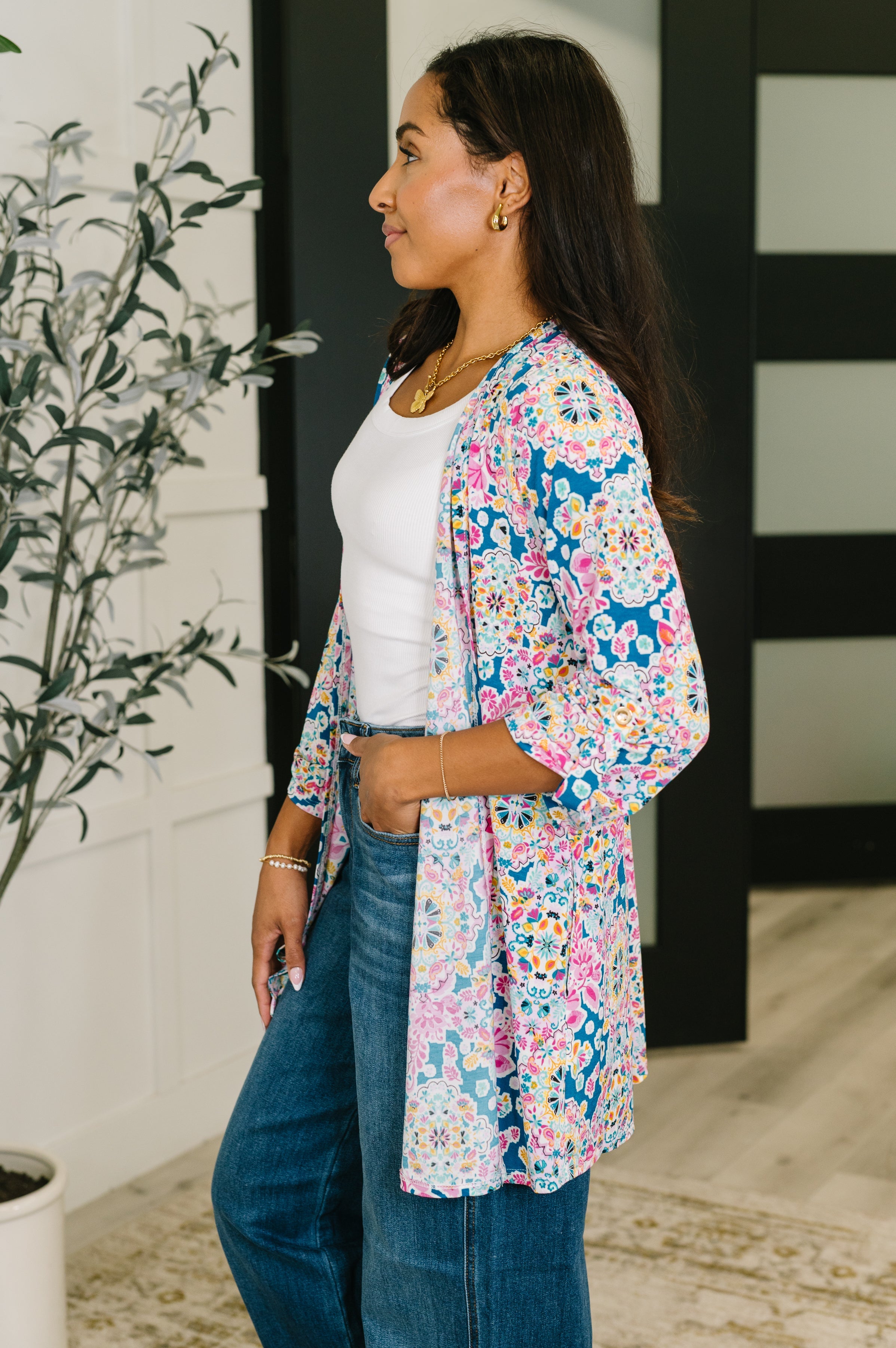 Lizzy Cardigan in Teal and Pink Floral Abstract Cardigan Ave Shops- Tilden Co.