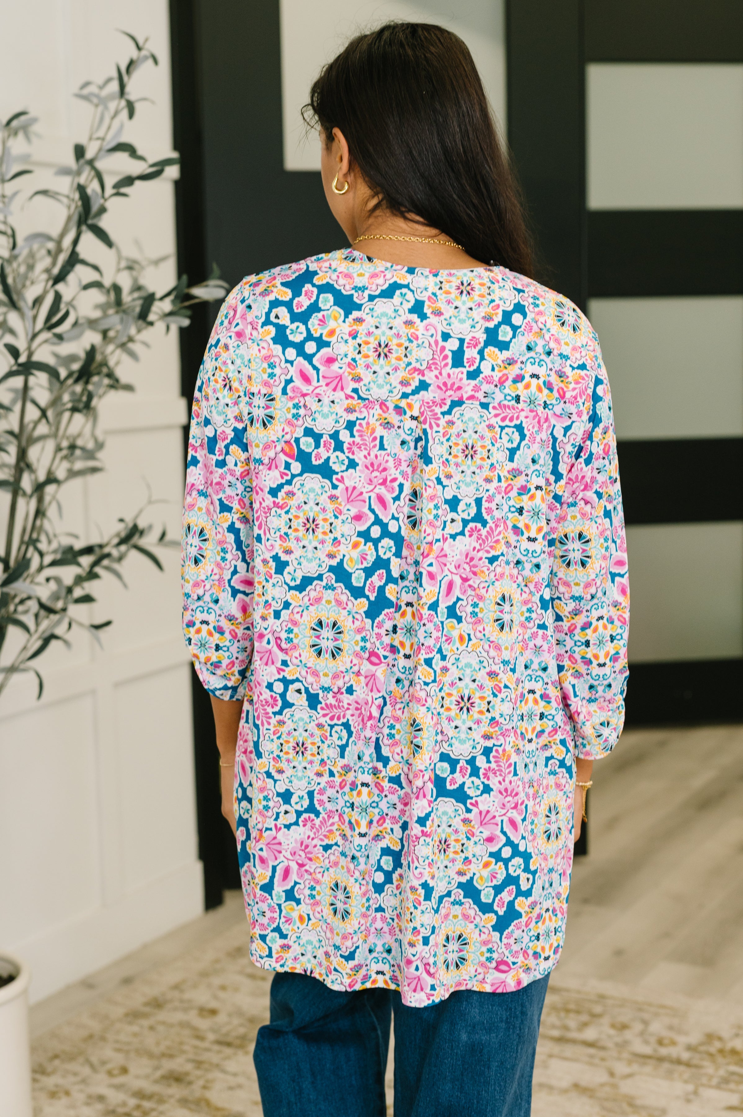 Lizzy Cardigan in Teal and Pink Floral Abstract Cardigan Ave Shops- Tilden Co.