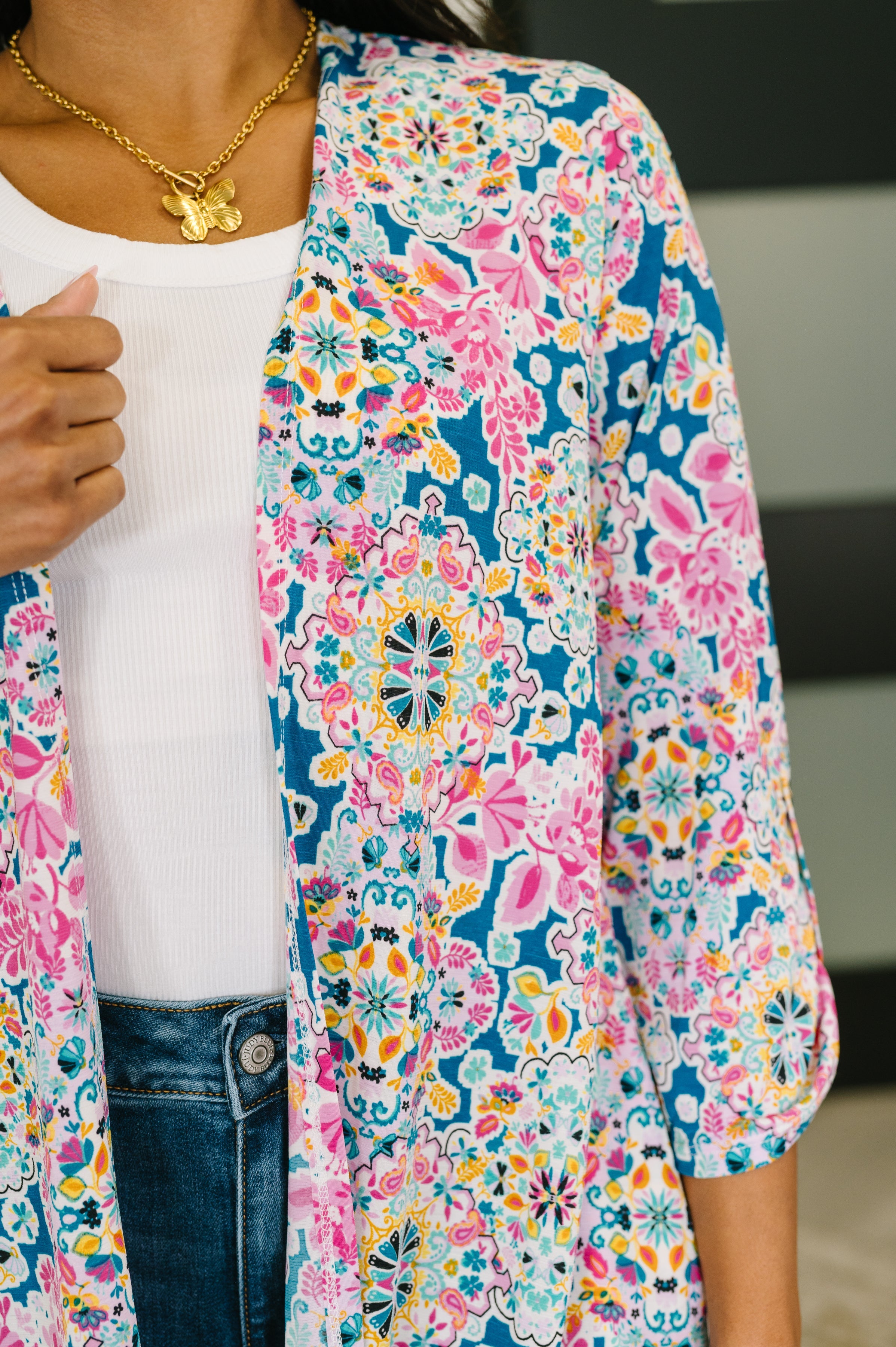 Lizzy Cardigan in Teal and Pink Floral Abstract Cardigan Ave Shops- Tilden Co.