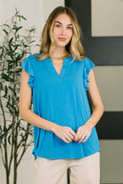 Lizzy Flutter Sleeve V-Neck Blouse in in Aqua Blouse Ave Shops- Tilden Co.