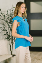 Lizzy Flutter Sleeve V-Neck Blouse in in Aqua Blouse Ave Shops- Tilden Co.