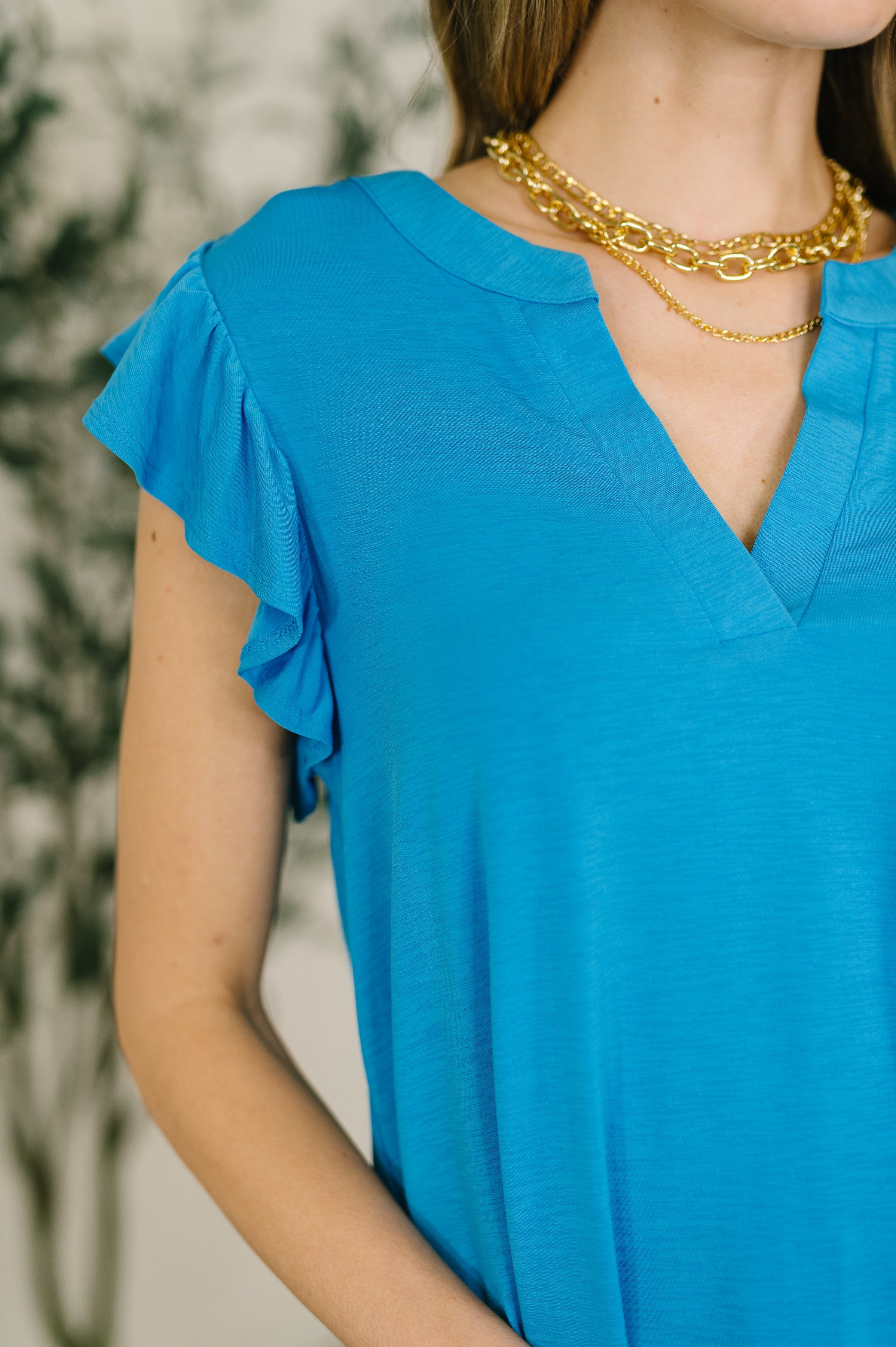 Lizzy Flutter Sleeve V-Neck Blouse in in Aqua Blouse Ave Shops- Tilden Co.