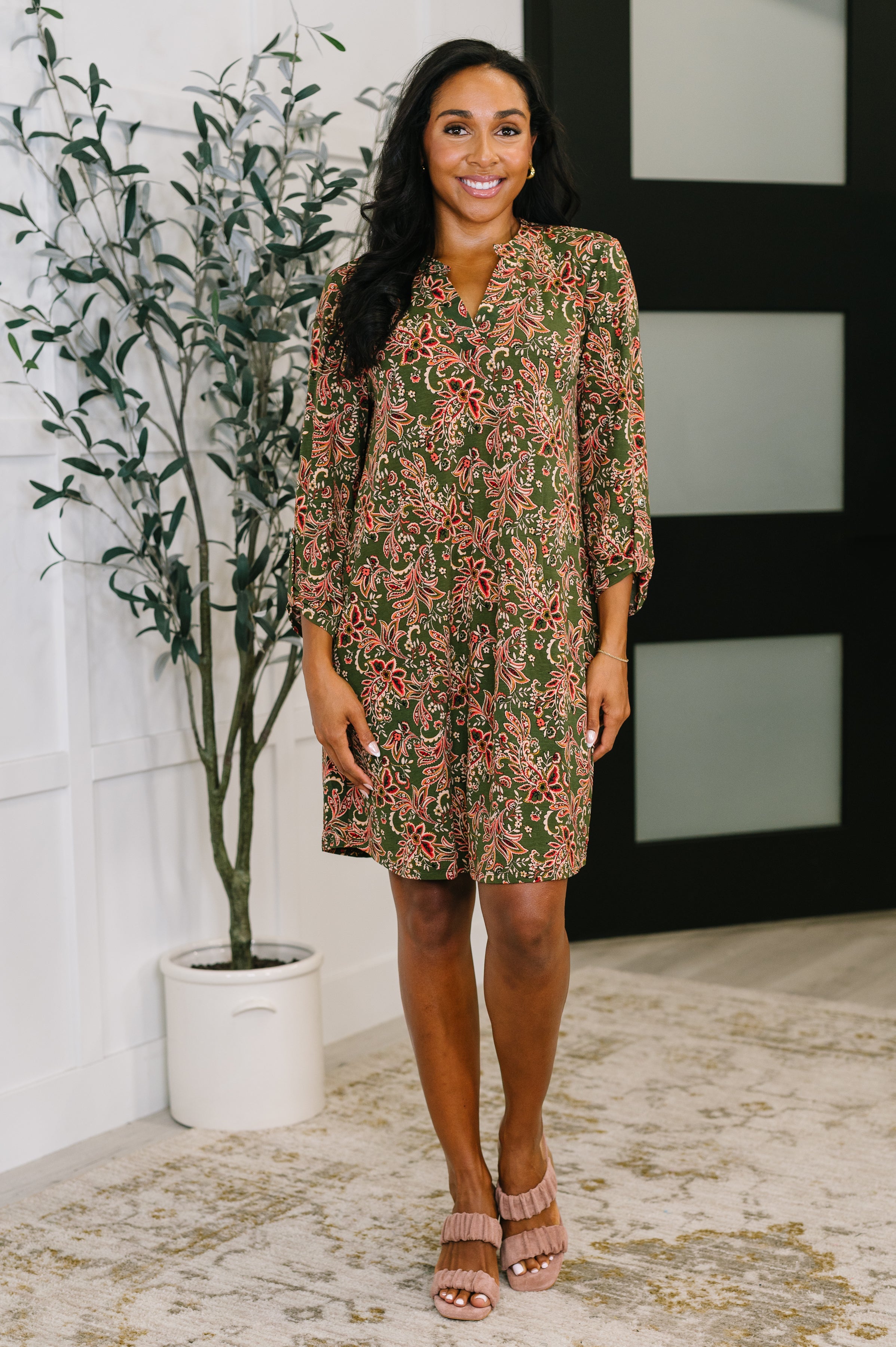 Lizzy Long Sleeve Dress in Olive Paisley Womens Ave Shops- Tilden Co.