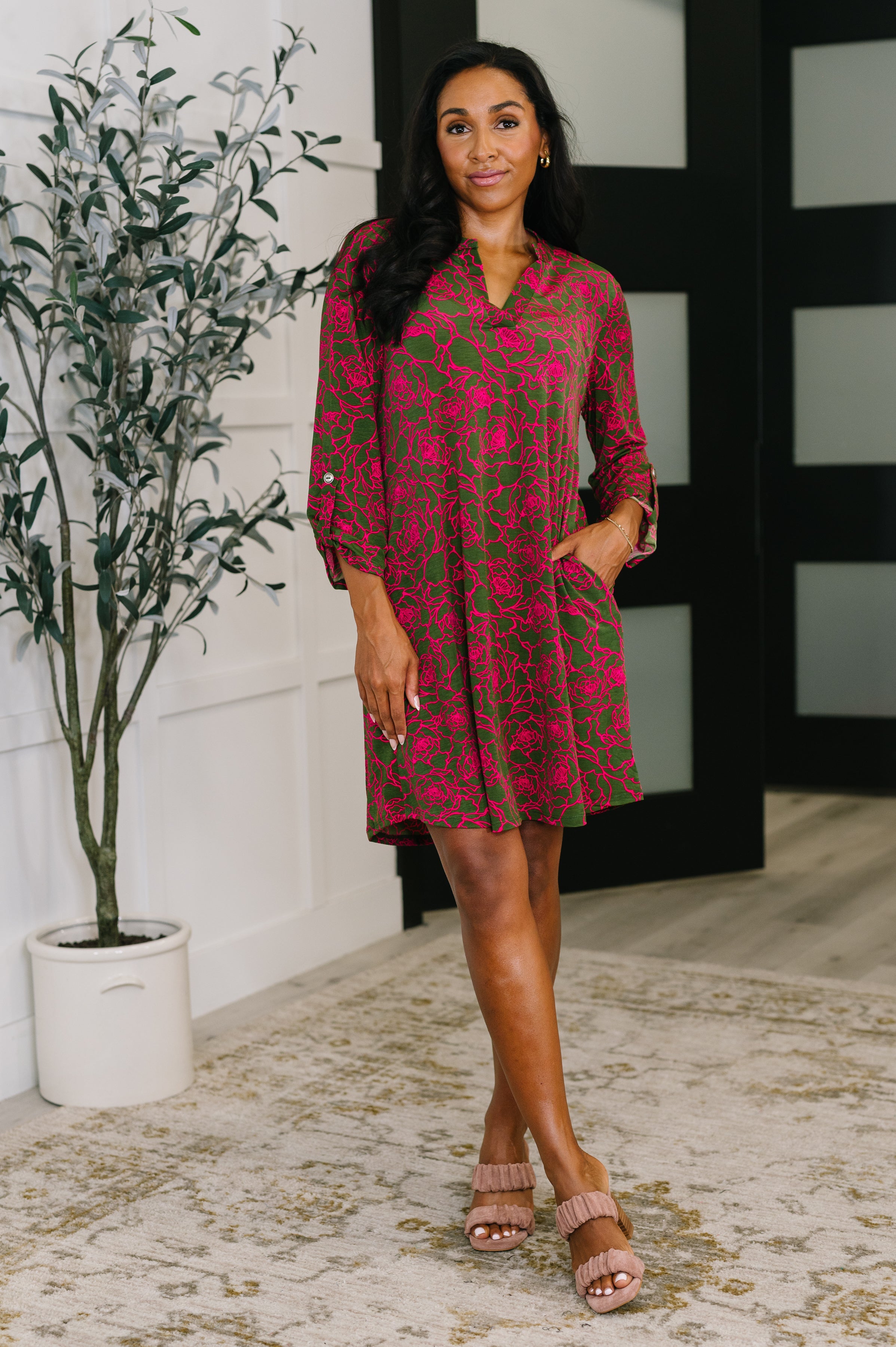 Lizzy Long Sleeve Dress in Pink and Olive Abstract Floral Womens Ave Shops- Tilden Co.