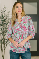 Lizzy Smock Top in Mint and Pink Floral Paisley Blouse Ave Shops- Tilden Co.