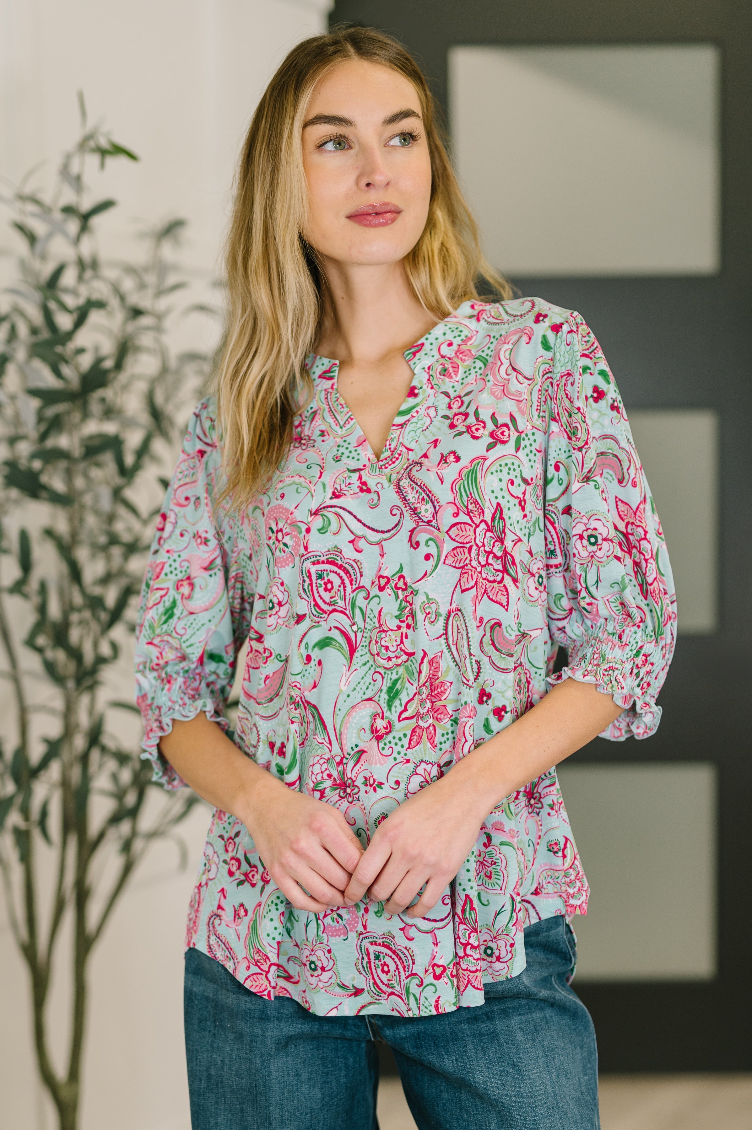Lizzy Smock Top in Mint and Pink Floral Paisley Blouse Ave Shops- Tilden Co.