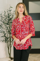 Lizzy Smock Top in Red and Pink Floral Blouse Ave Shops- Tilden Co.