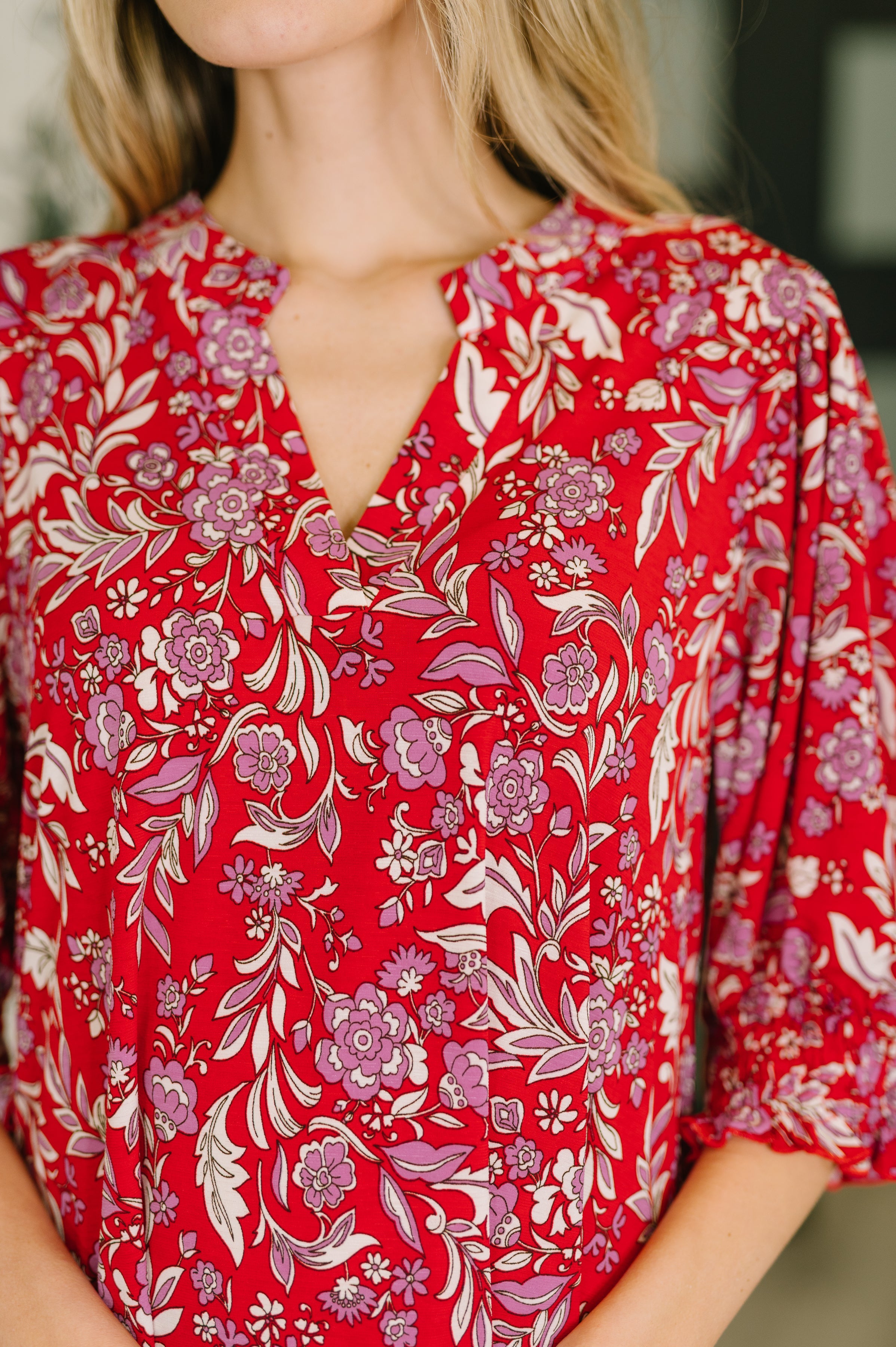 Lizzy Smock Top in Red and Pink Floral Blouse Ave Shops- Tilden Co.