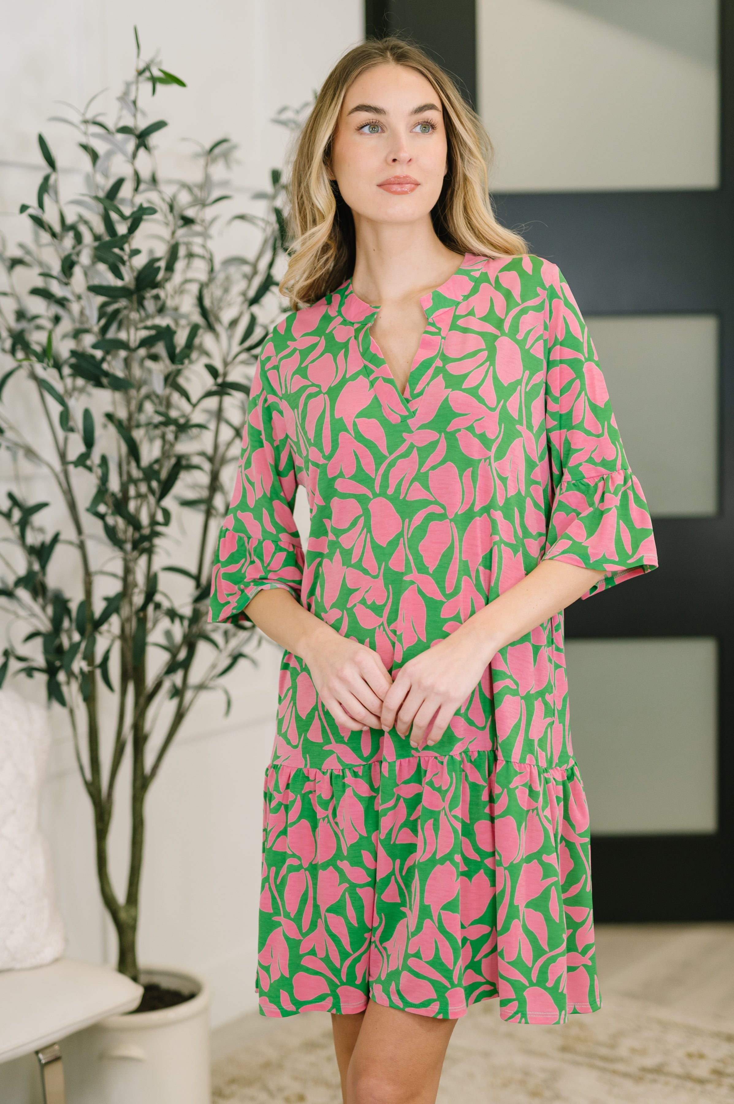 Lizzy Sunday Dress in Emerald Abstract Floral- 3/3/2026 NEW Knee Length Dress Ave Shops- Tilden Co.