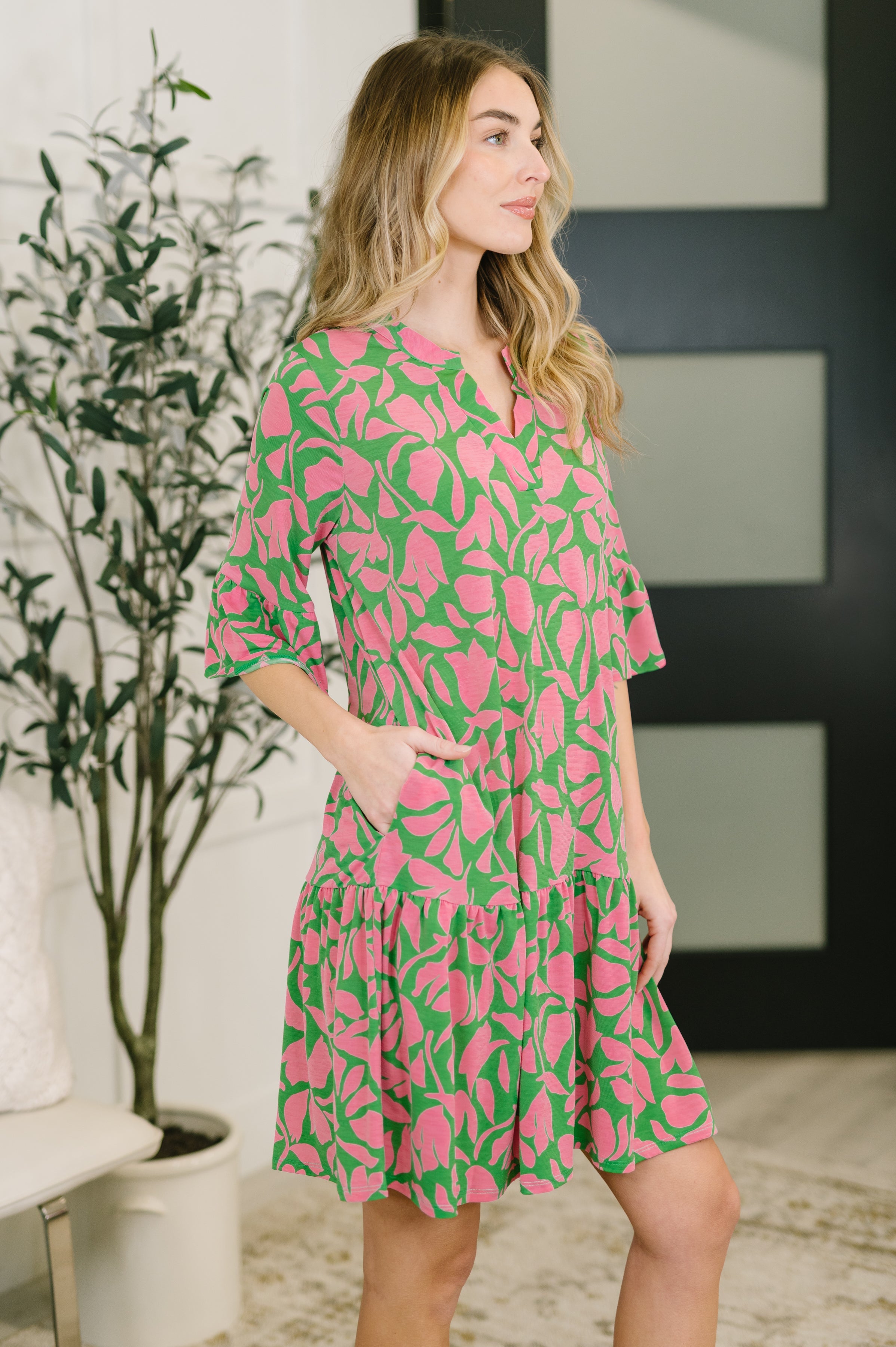 Lizzy Sunday Dress in Emerald Abstract Floral- 3/3/2026 NEW Knee Length Dress Ave Shops- Tilden Co.