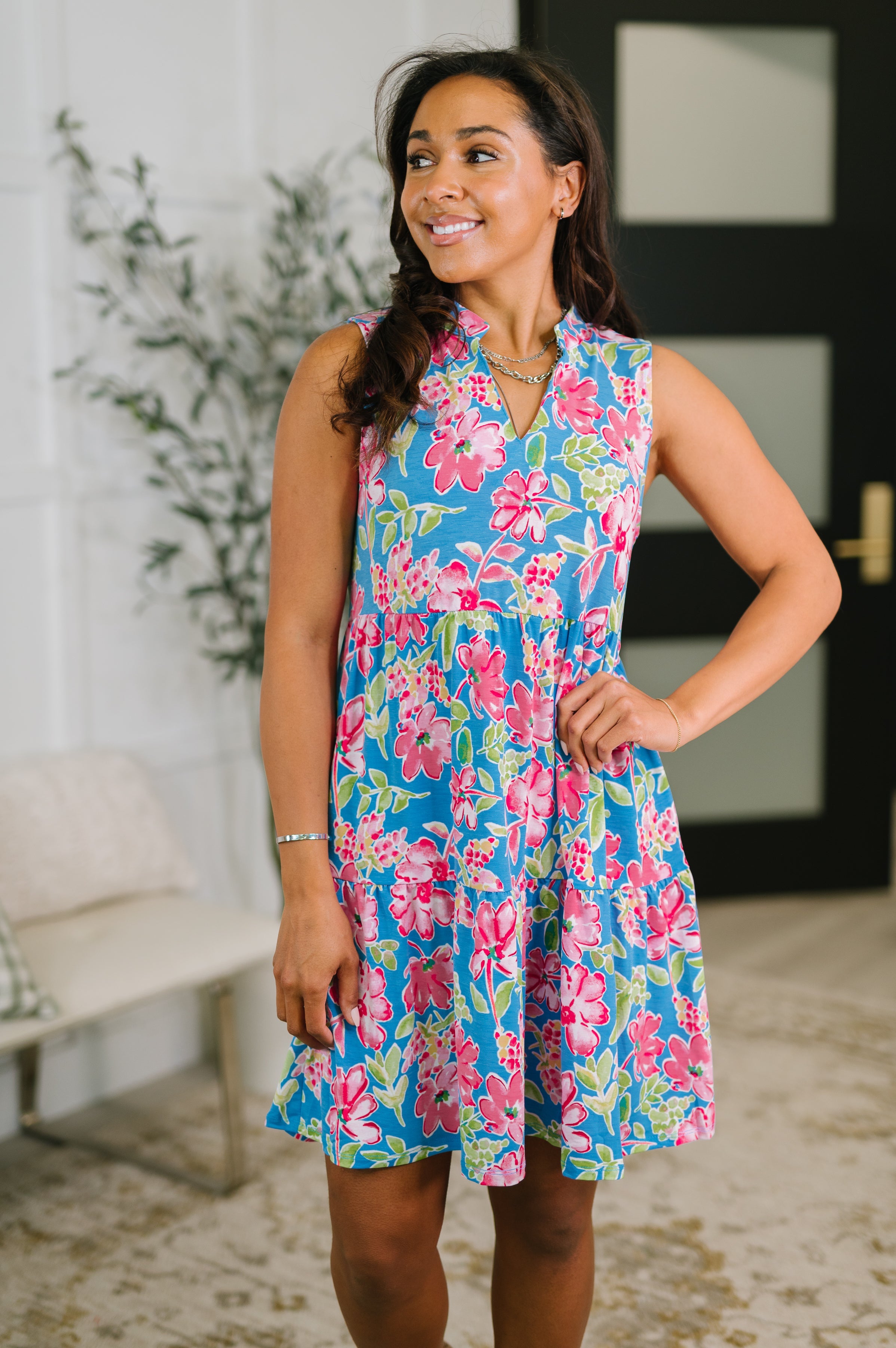 Lizzy Three Tier Tank Dress in Falling Floral Knee Length Dress Ave Shops- Tilden Co.