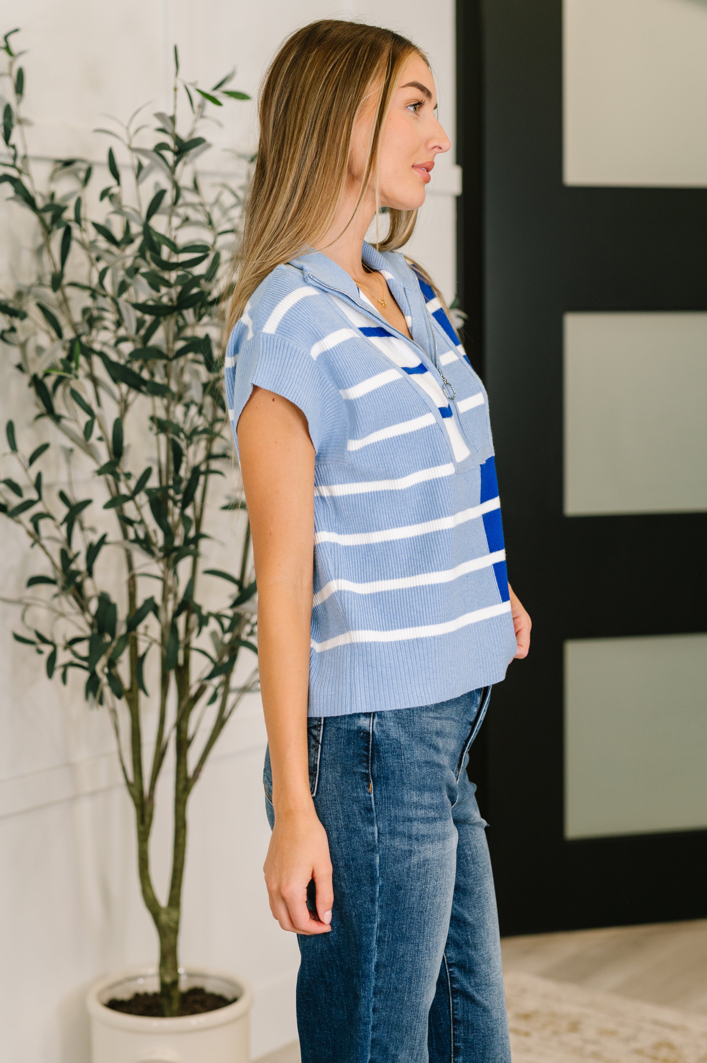 Lonely Traveler Striped Quarter Zip Vest in Blue Womens Ave Shops- Tilden Co.