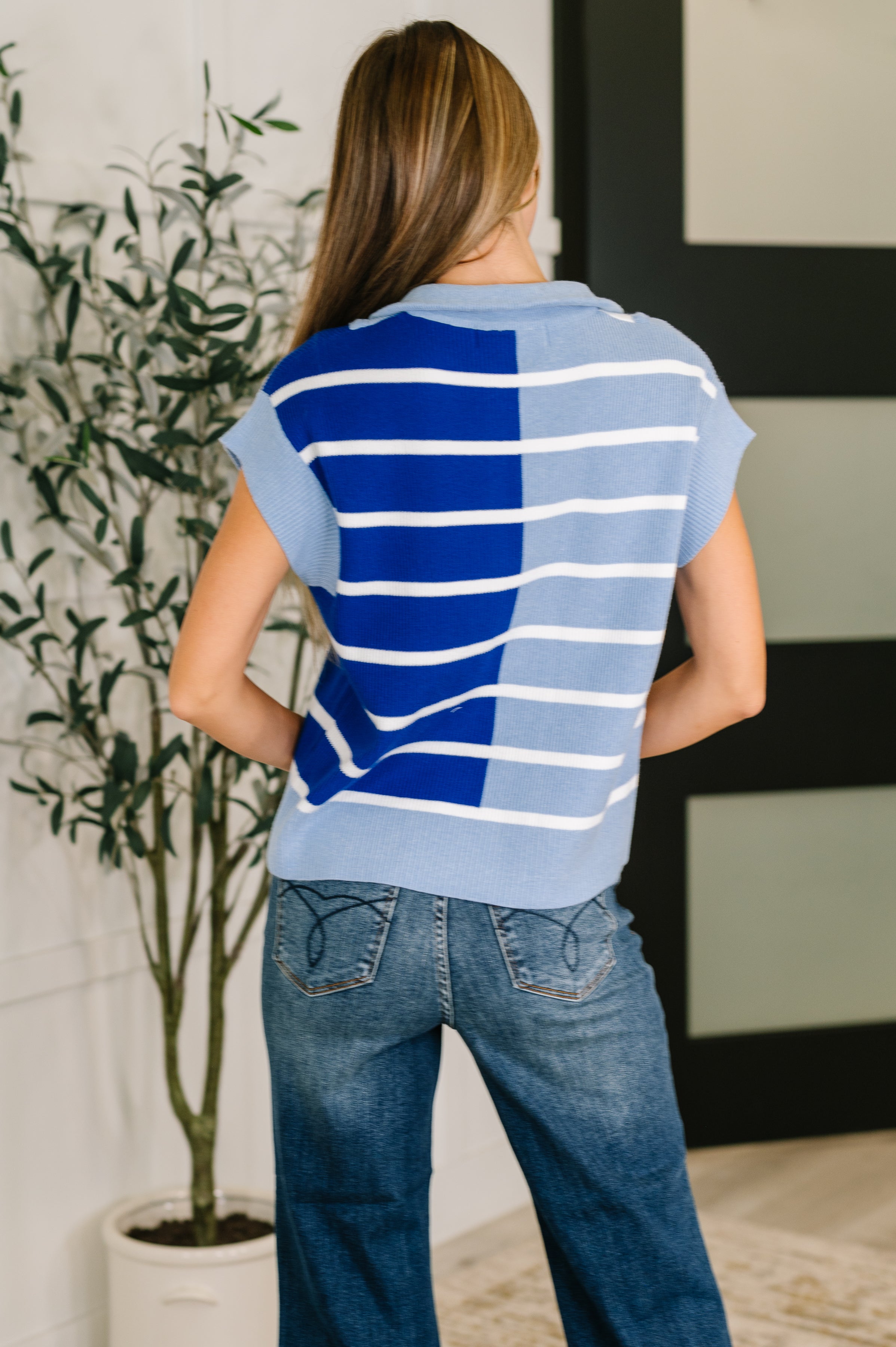 Lonely Traveler Striped Quarter Zip Vest in Blue Vest Ave Shops- Tilden Co.
