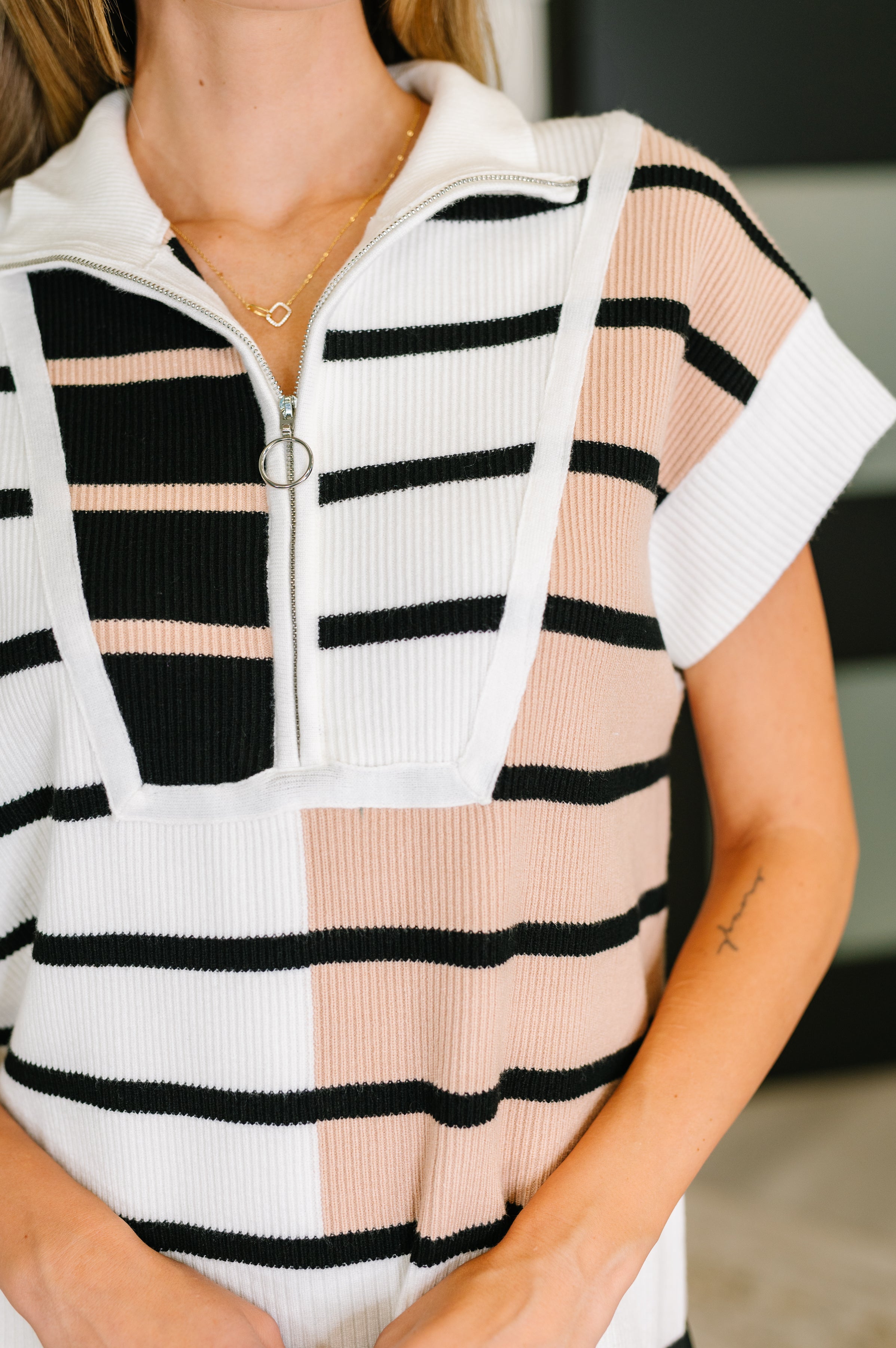 Lonely Traveler Striped Quarter Zip Vest in White Womens Ave Shops- Tilden Co.