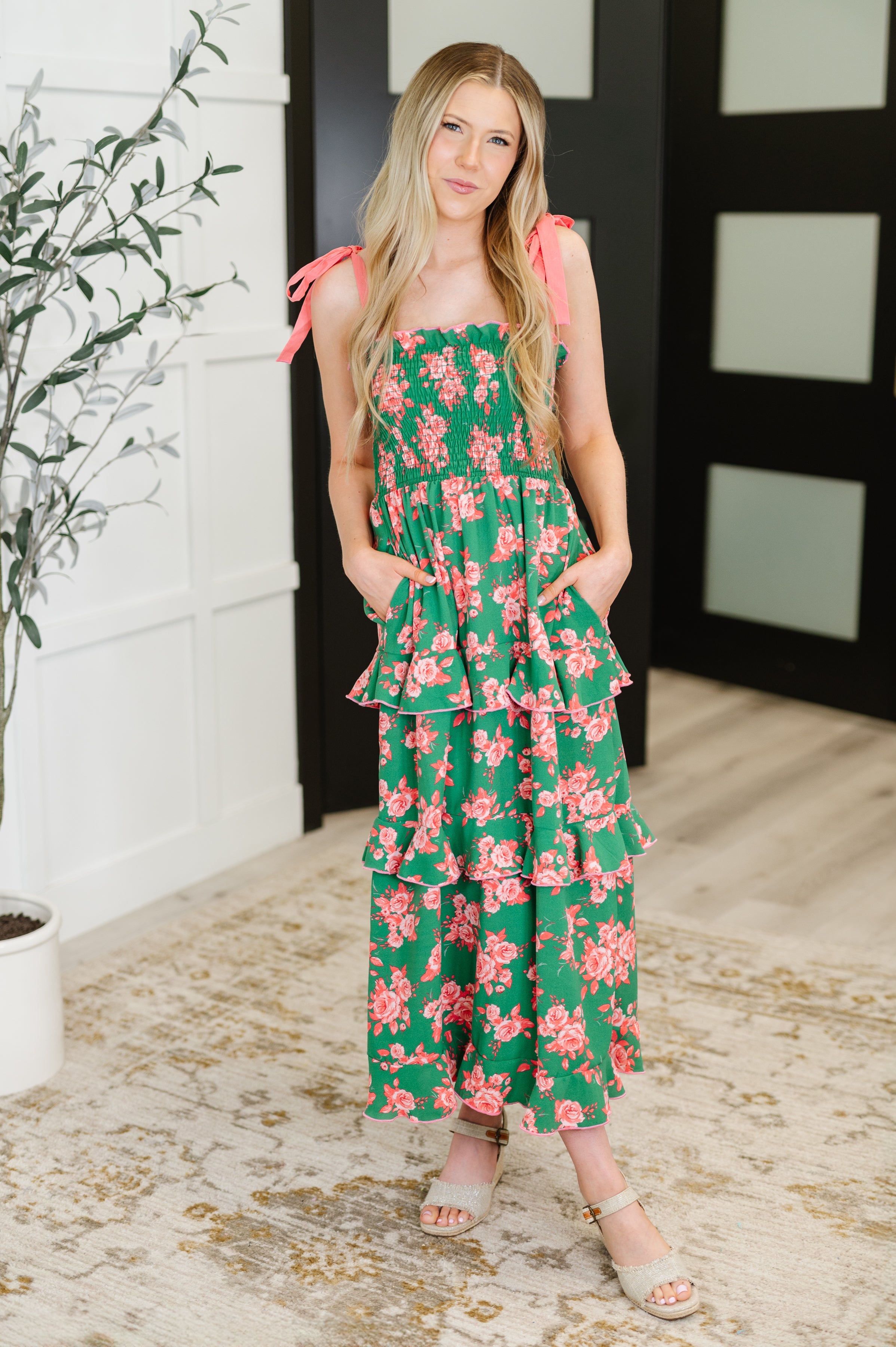 Low Effort, High Impact Tiered Dress in Green/Coral Womens Ave Shops- Tilden Co.