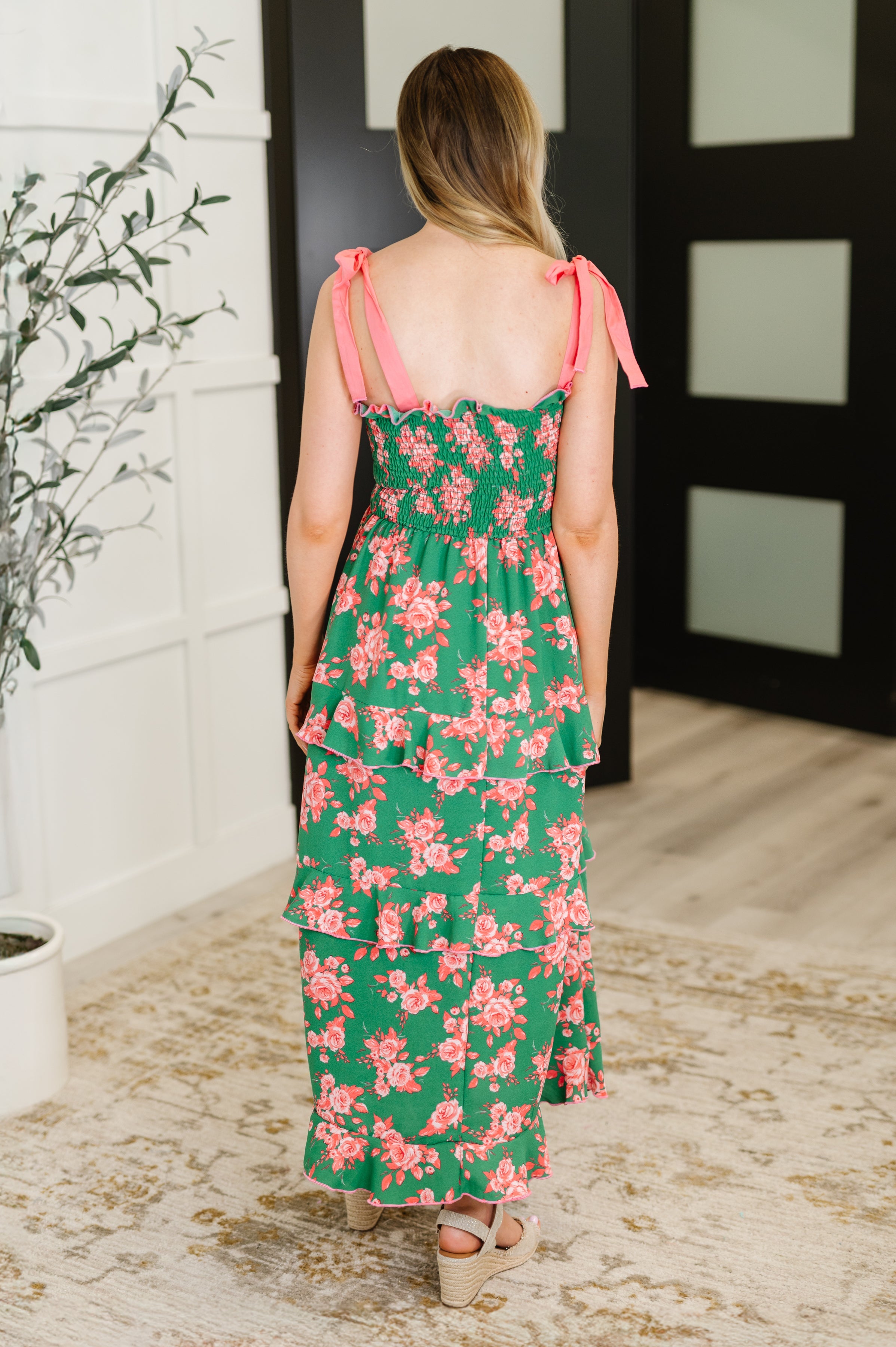Low Effort, High Impact Tiered Dress in Green/Coral Womens Ave Shops- Tilden Co.